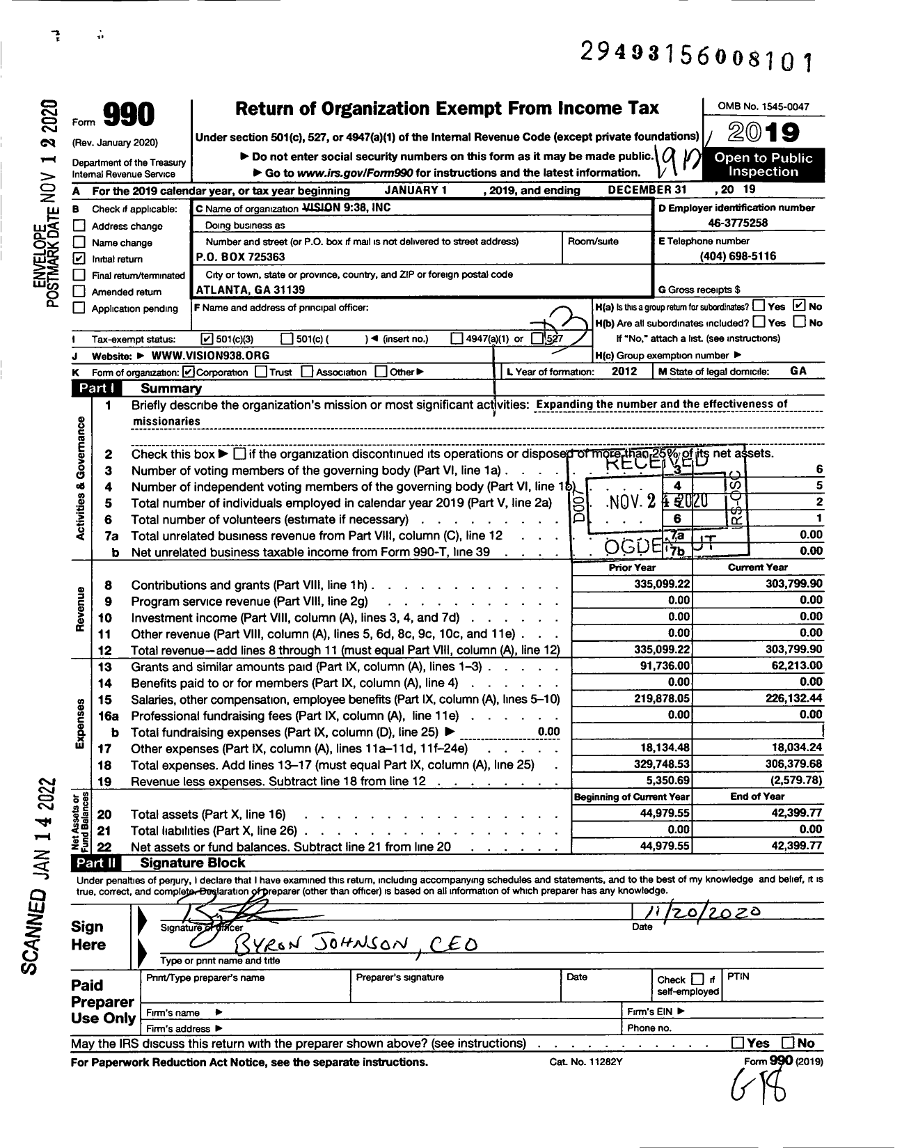 Image of first page of 2019 Form 990 for Vision 938