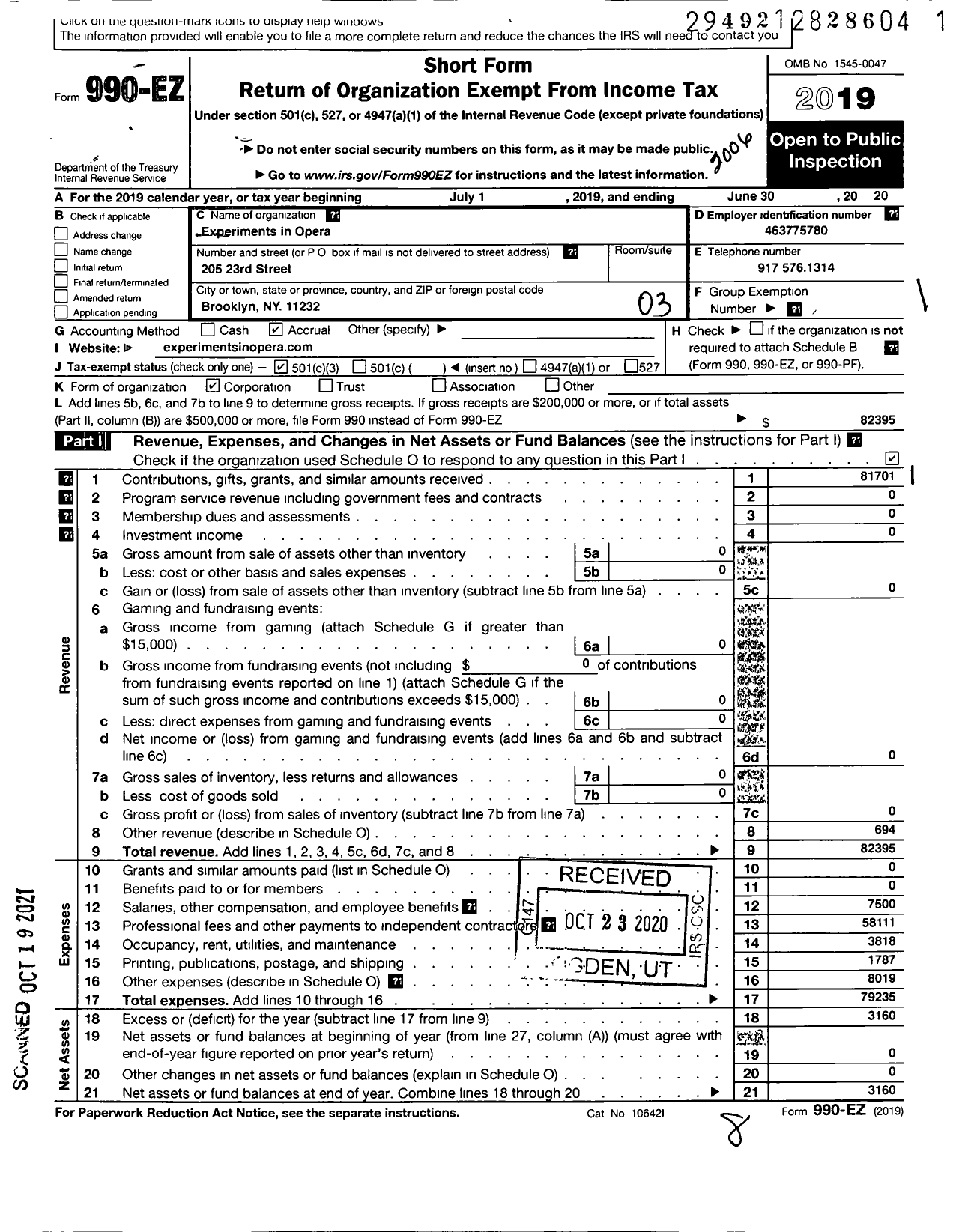 Image of first page of 2019 Form 990EZ for Experiments in Opera