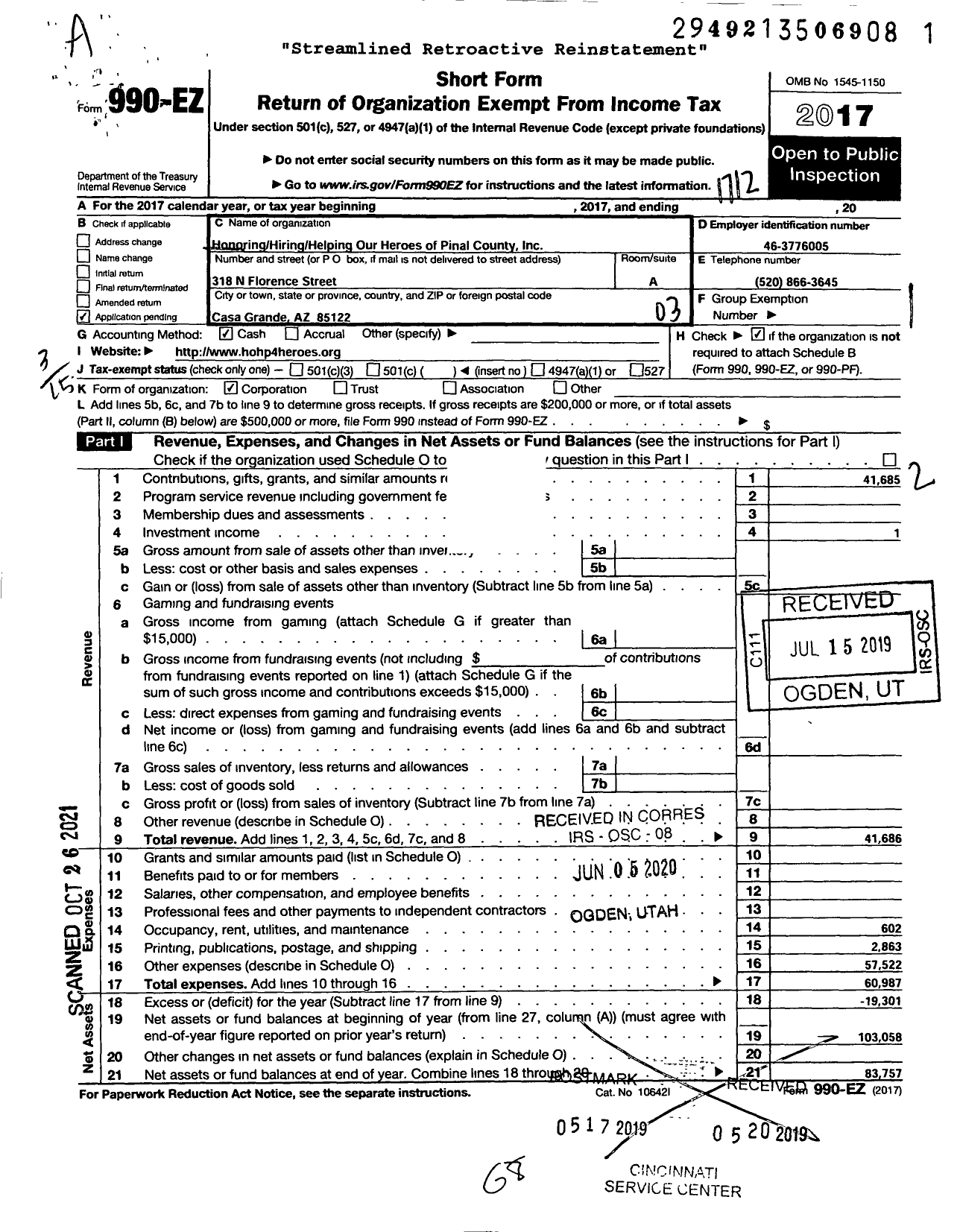 Image of first page of 2017 Form 990EZ for Honoring Hiring Helping Our Heroes of Pinal County