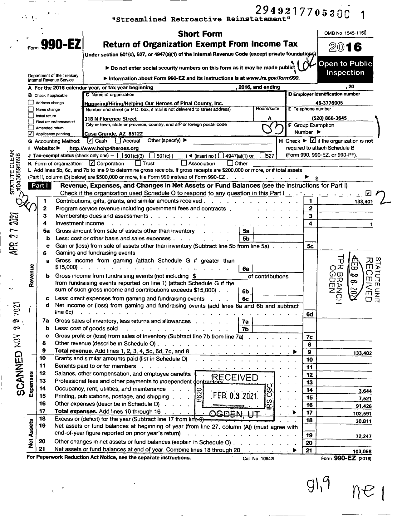 Image of first page of 2016 Form 990EZ for Honoring Hiring Helping Our Heroes of Pinal County