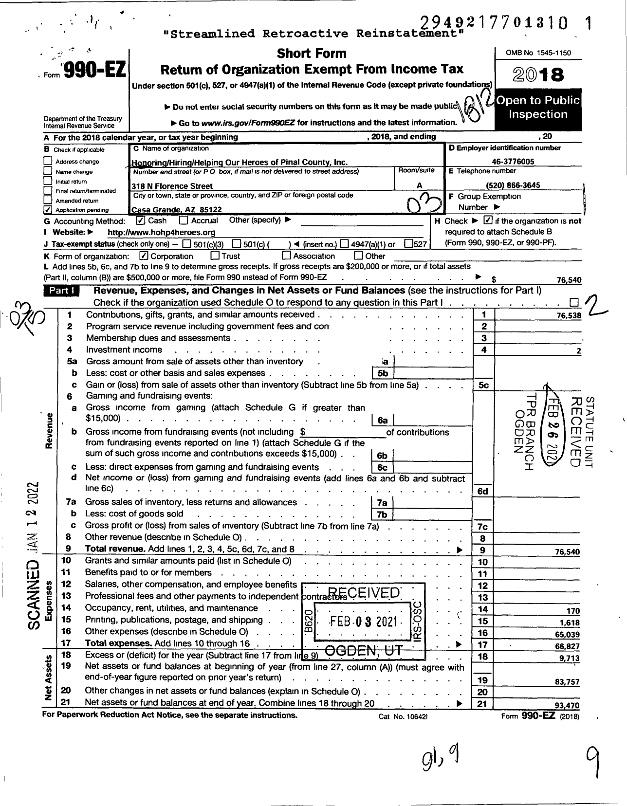 Image of first page of 2018 Form 990EZ for Honoring Hiring Helping Our Heroes of Pinal County