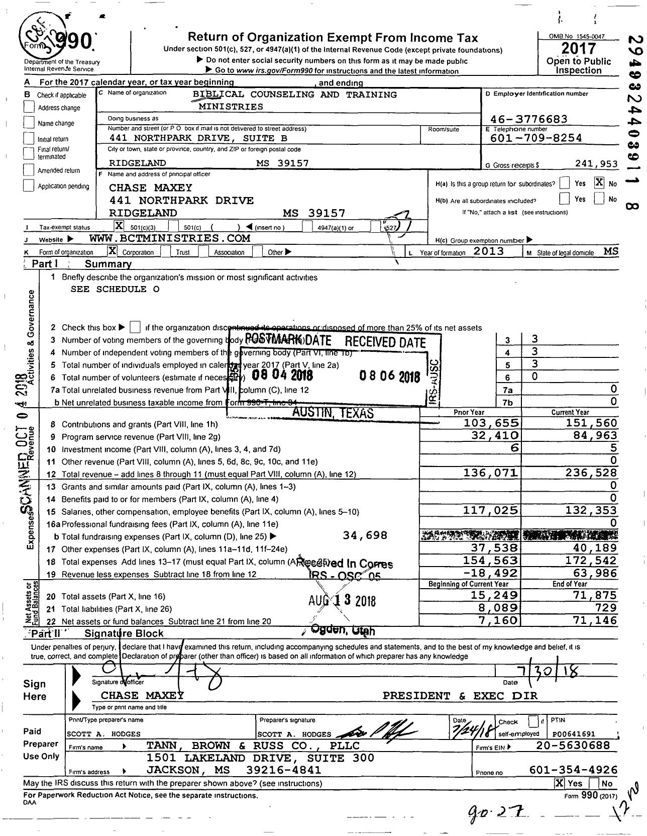 Image of first page of 2017 Form 990 for Biblical Counseling and Training Ministries