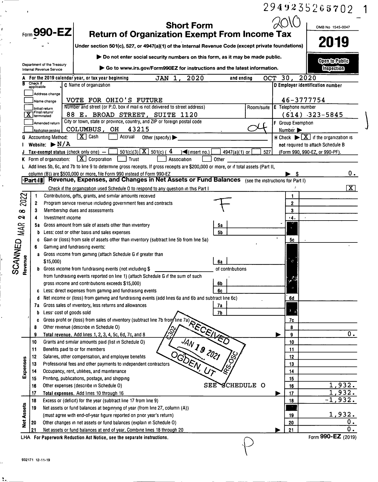 Image of first page of 2019 Form 990EO for Vote for Ohio's Future