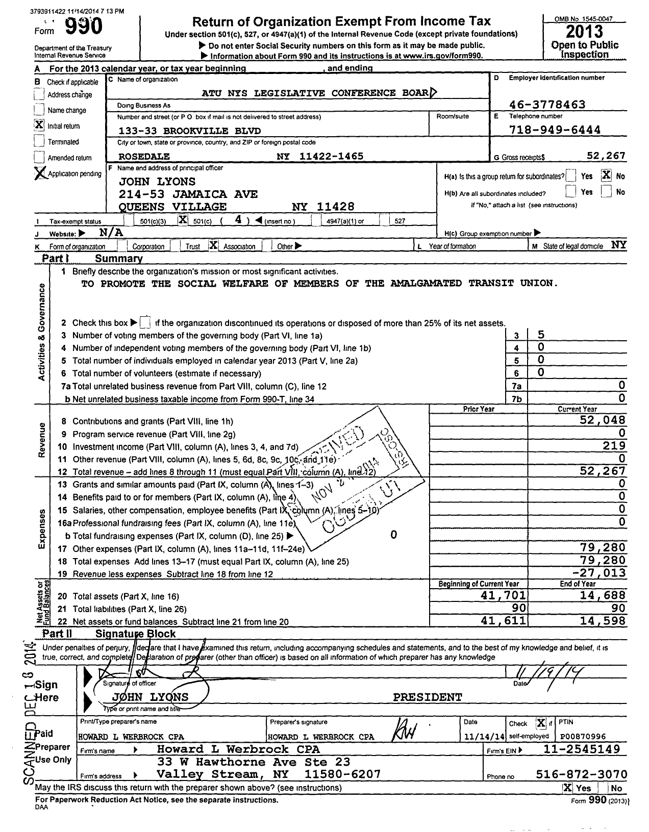 Image of first page of 2013 Form 990O for Atu Nys Legislative Conference Board