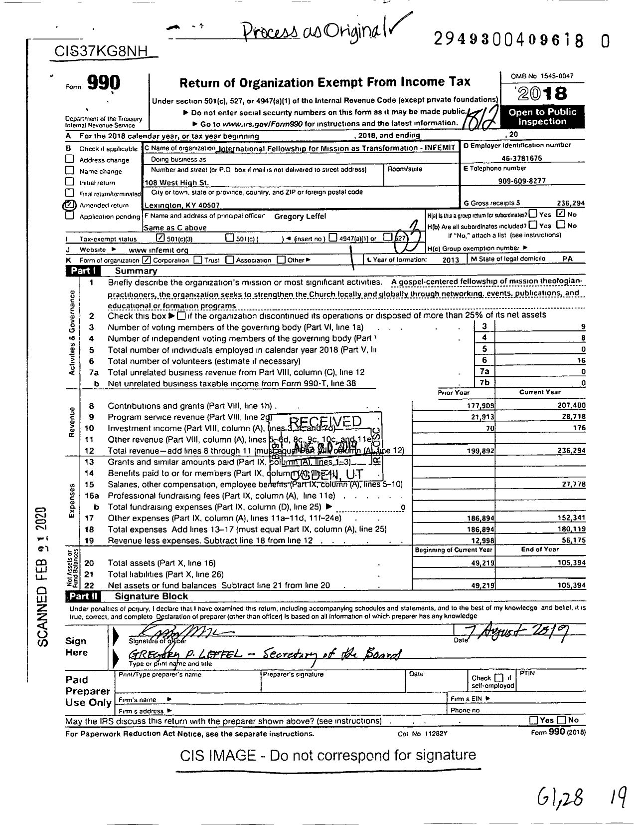 Image of first page of 2018 Form 990 for International Fellowship for Mission As Transformation-Infemit