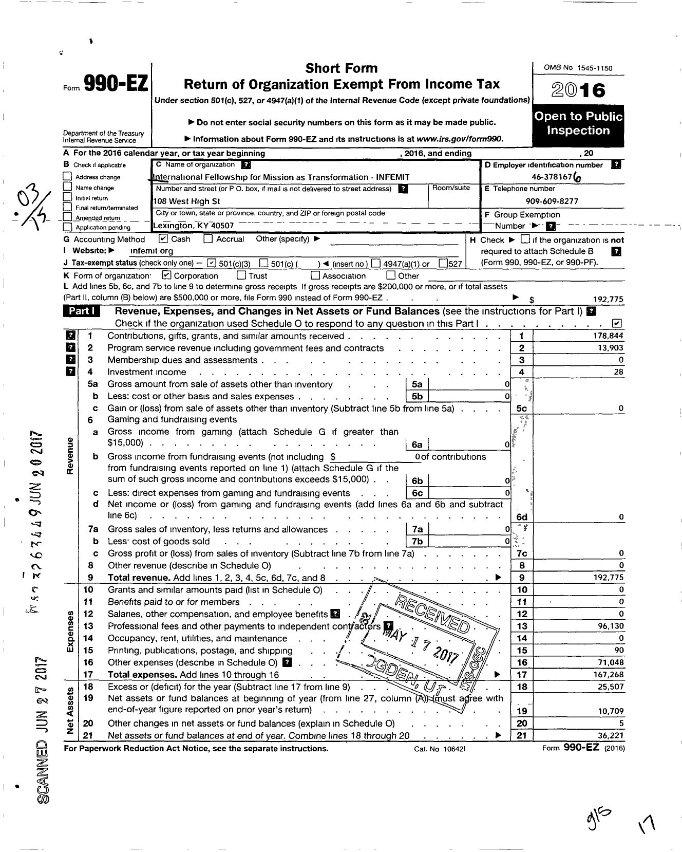 Image of first page of 2016 Form 990EZ for International Fellowship for Mission As Transformation-Infemit