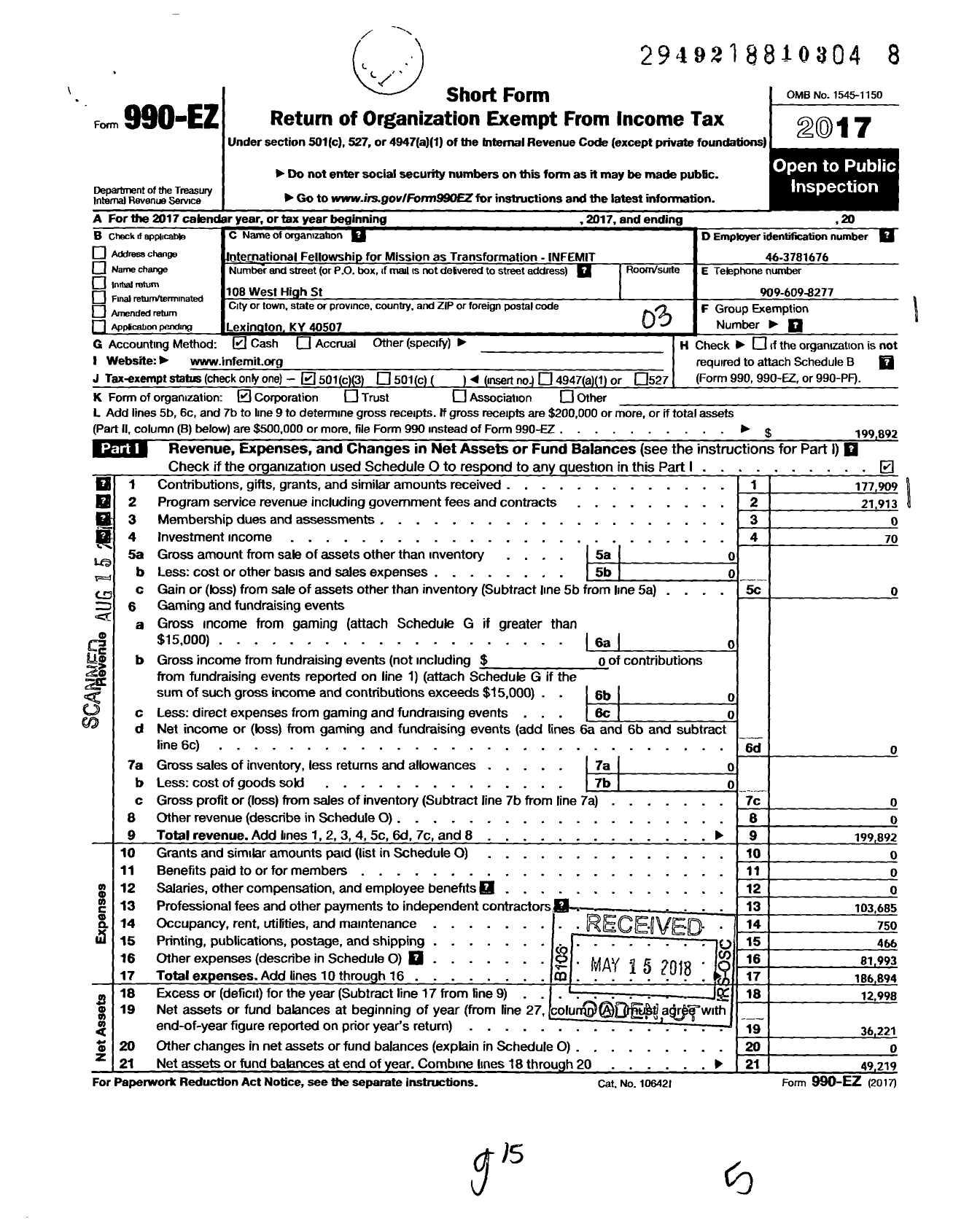 Image of first page of 2017 Form 990EZ for International Fellowship for Mission As Transformation-Infemit