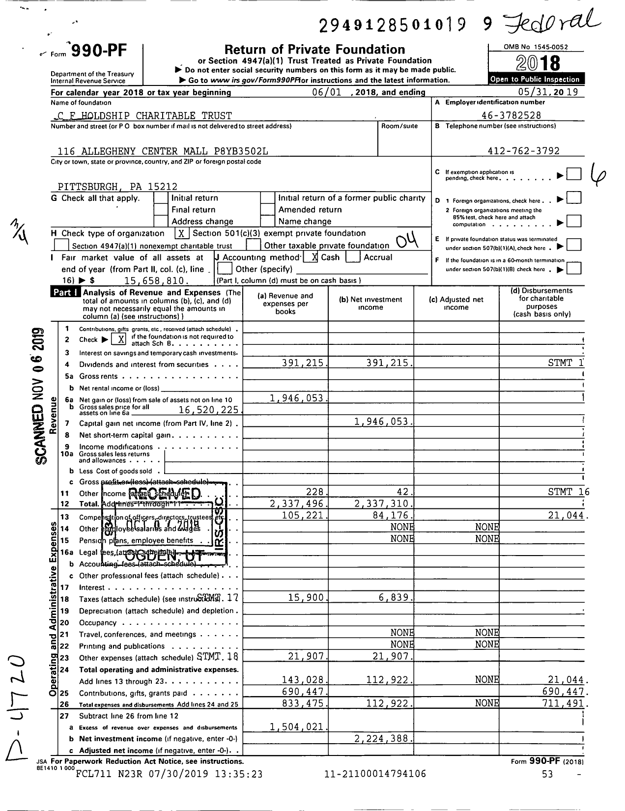 Image of first page of 2018 Form 990PF for C F Holdship Charitable Trust