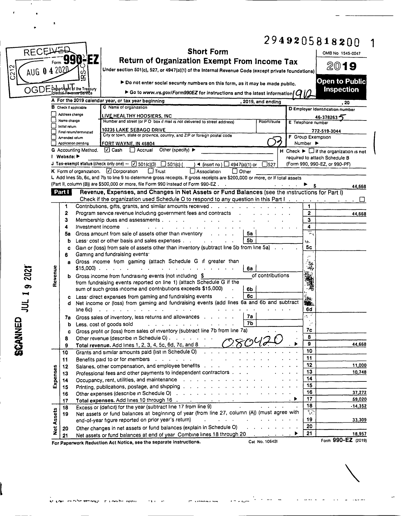 Image of first page of 2019 Form 990EZ for Live Healthy Hoosiers