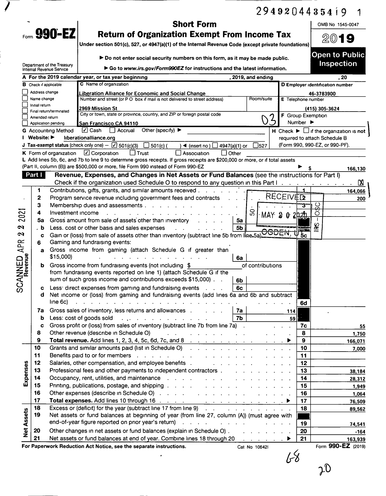 Image of first page of 2019 Form 990EZ for Liberation Alliance for Economic and Social Change