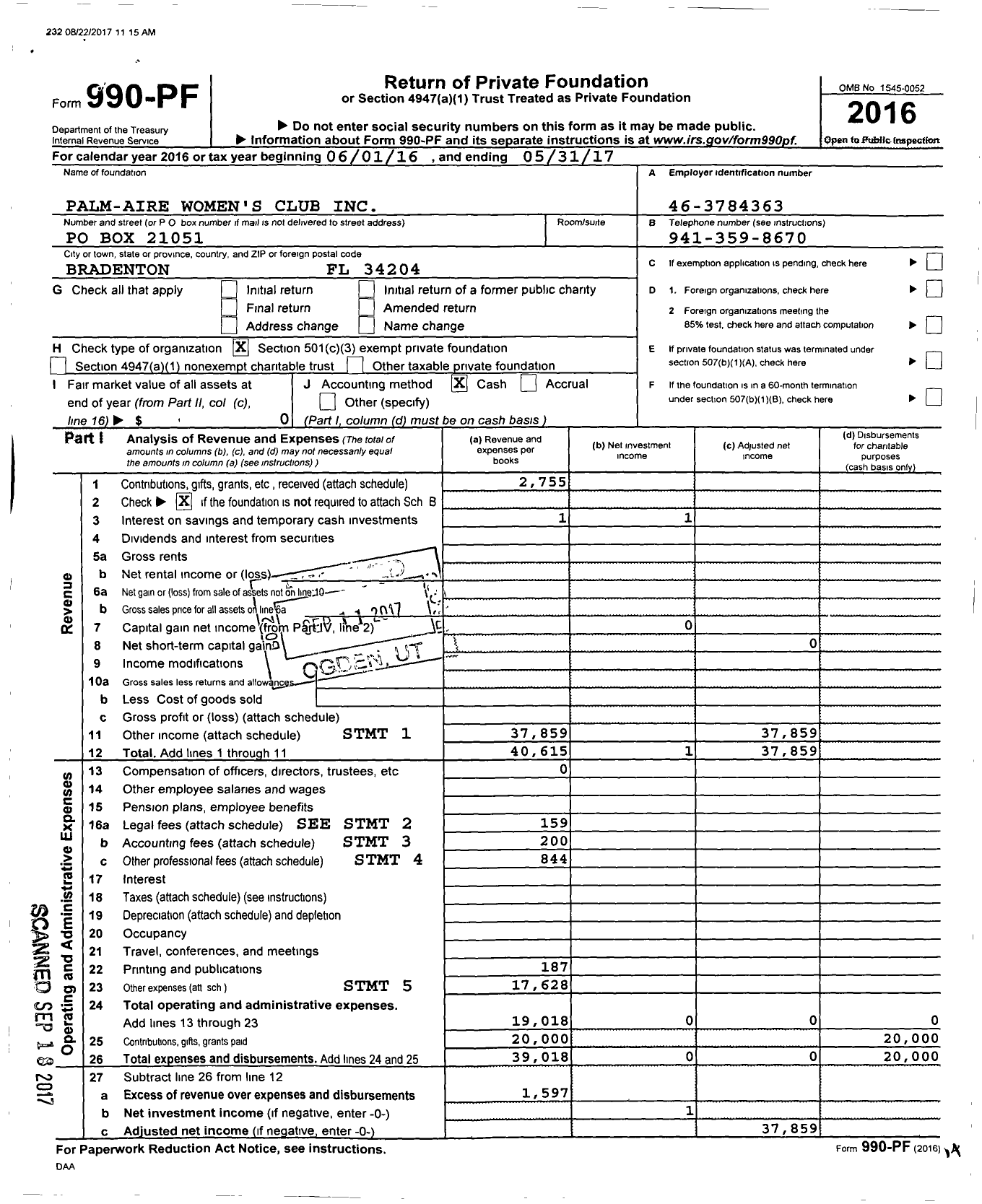 Image of first page of 2016 Form 990PF for Palm-Aire Women's Club