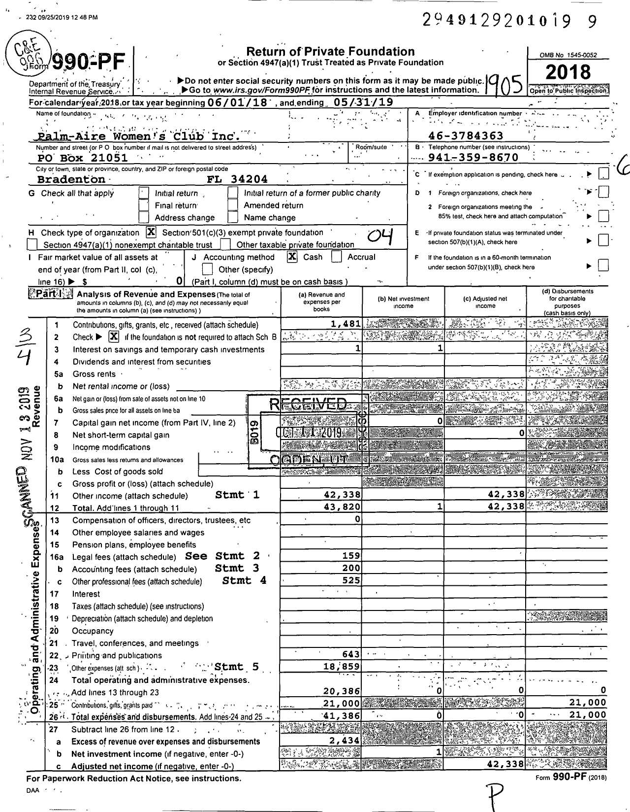 Image of first page of 2018 Form 990PF for Palm-Aire Women's Club