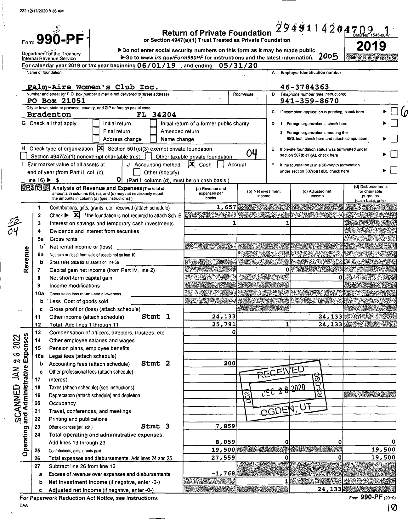 Image of first page of 2019 Form 990PF for Palm-Aire Women's Club