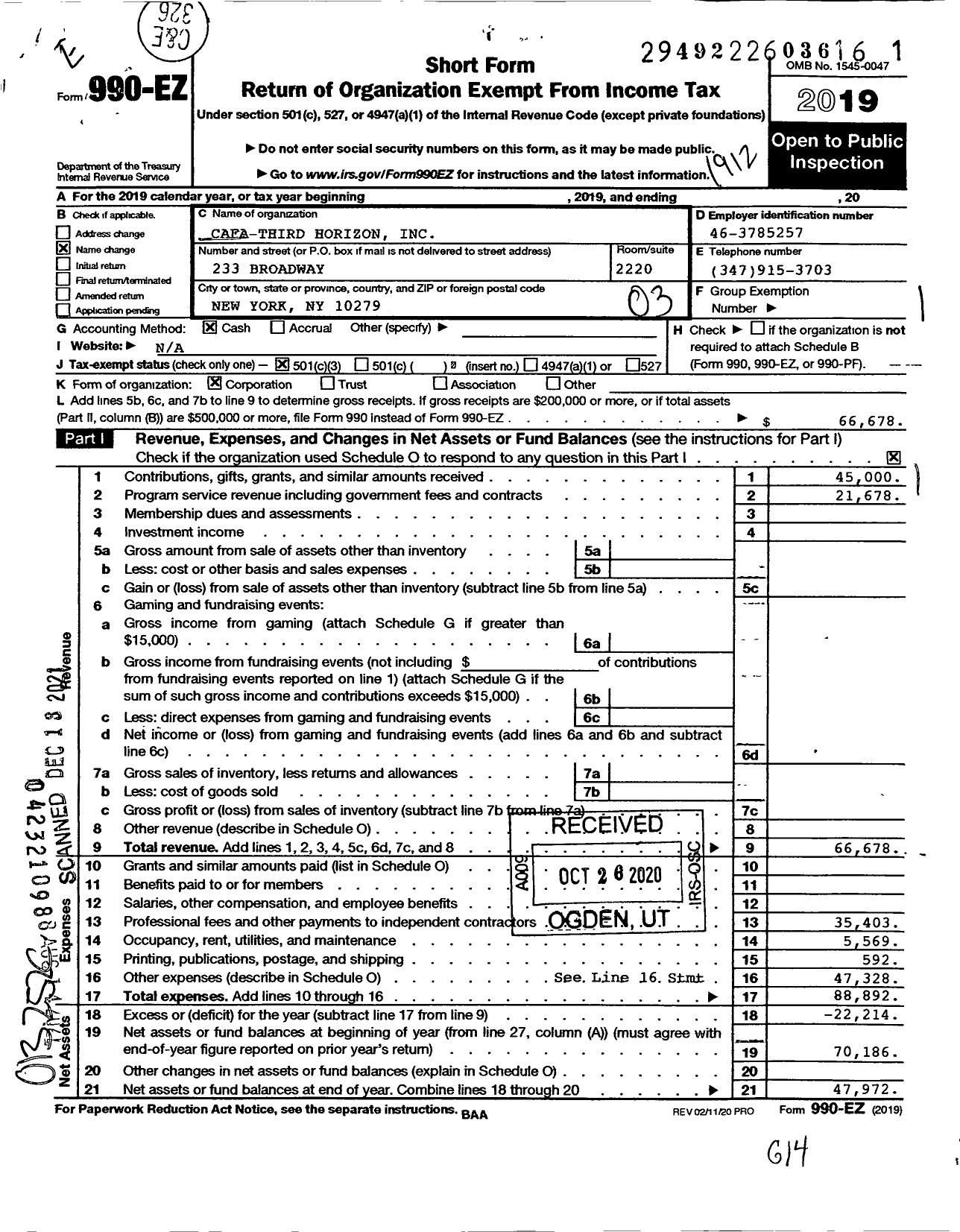 Image of first page of 2019 Form 990EZ for Cafa-Third Horizon