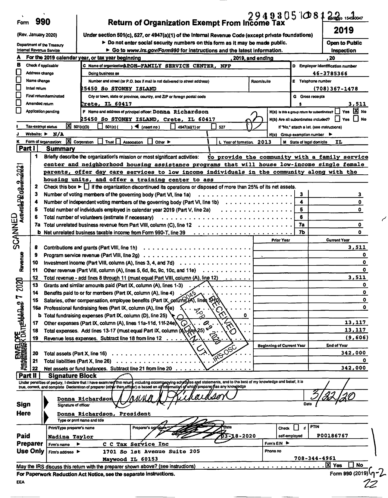 Image of first page of 2019 Form 990 for Apoh Family Service Center NFP