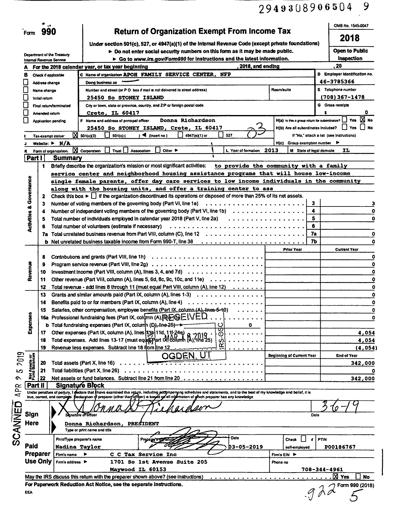 Image of first page of 2018 Form 990 for Apoh Family Service Center NFP