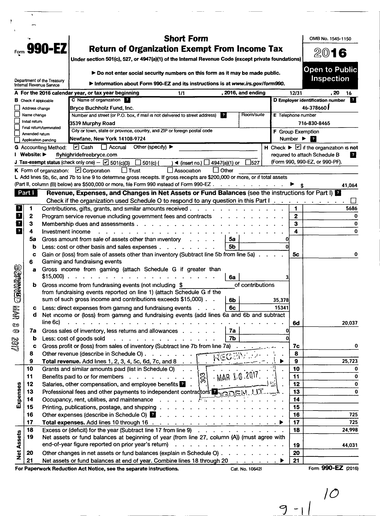 Image of first page of 2016 Form 990EZ for Bryce Buchholz Fund