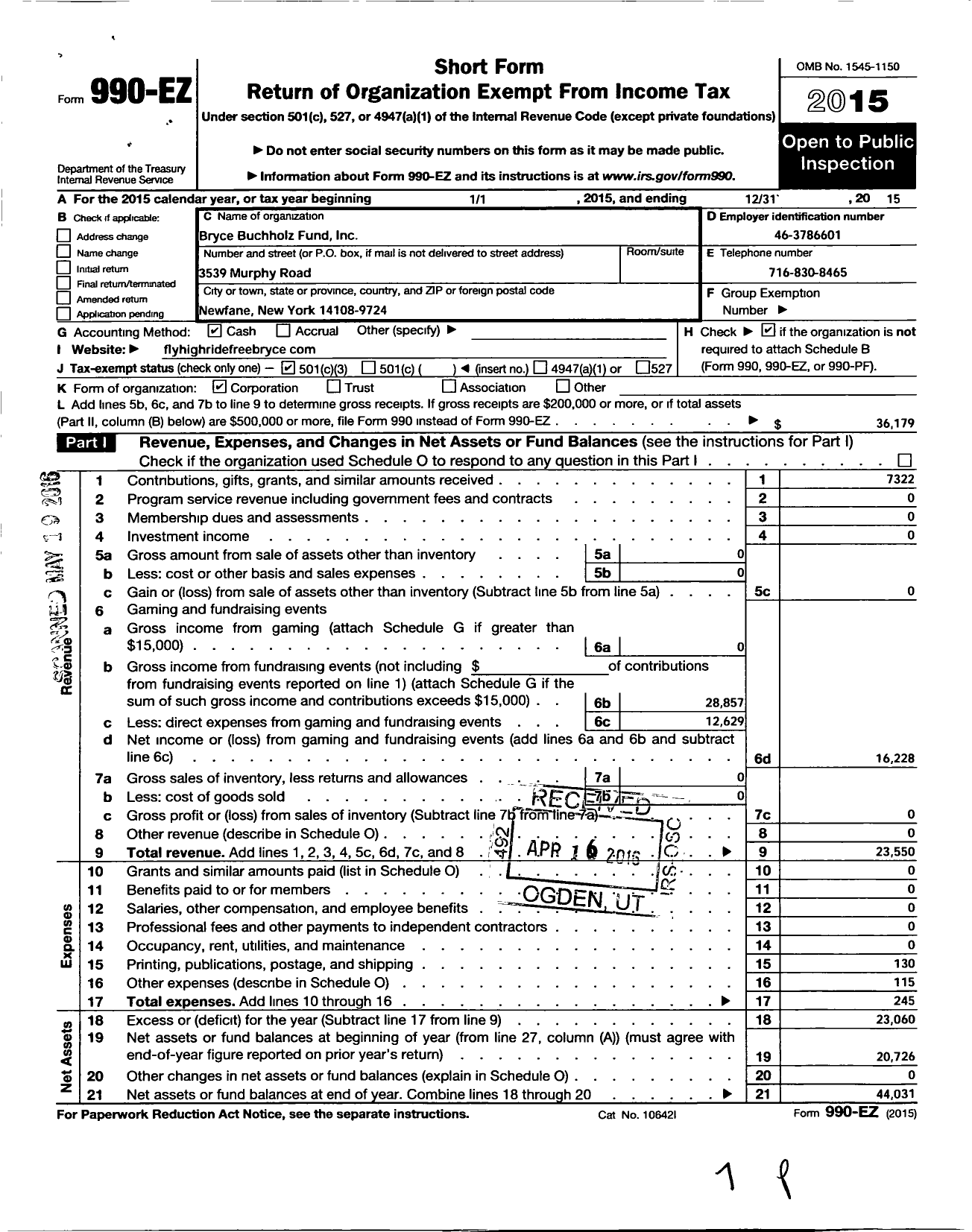 Image of first page of 2015 Form 990EZ for Bryce Buchholz Fund