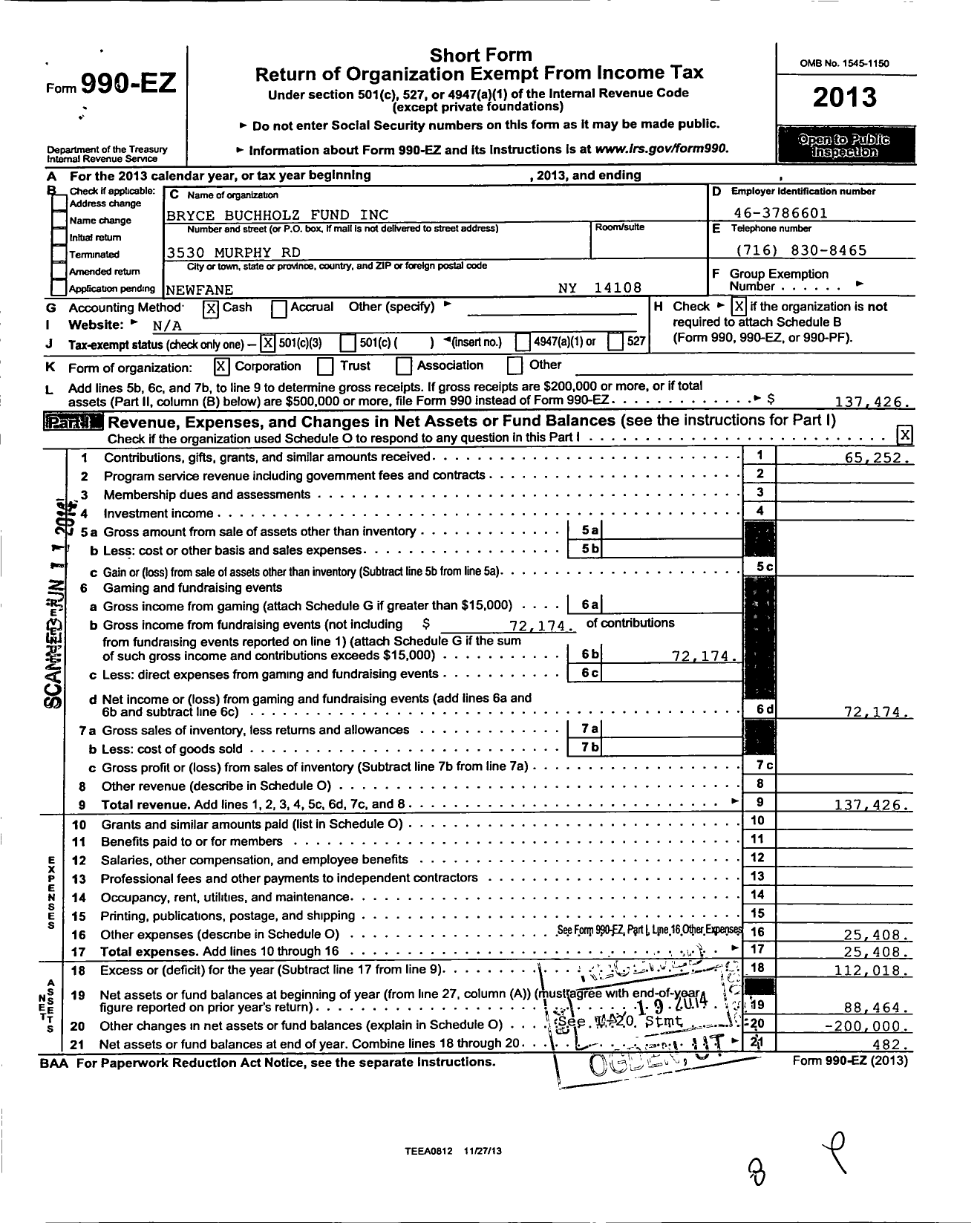 Image of first page of 2013 Form 990EZ for Bryce Buchholz Fund