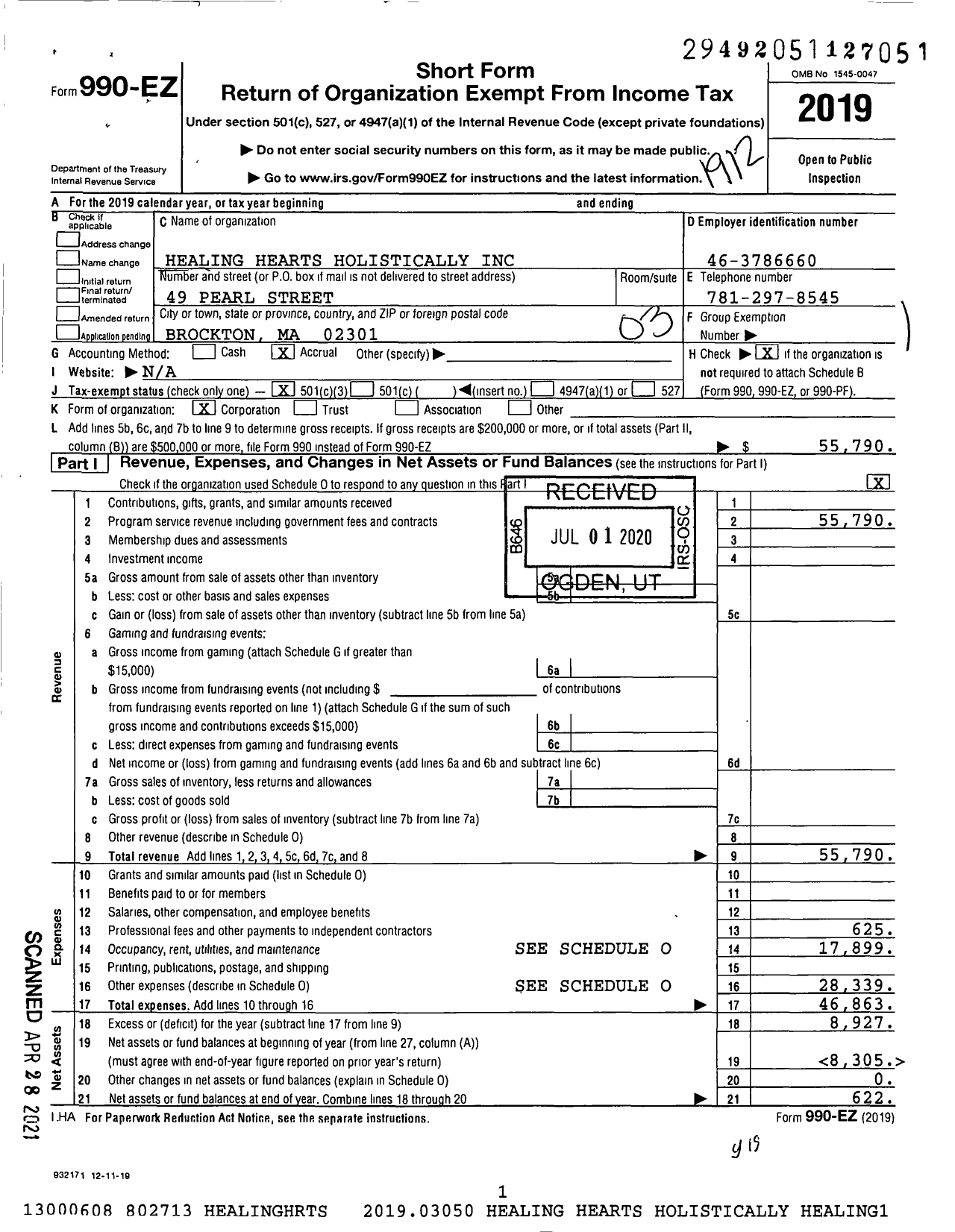 Image of first page of 2019 Form 990EZ for Healing Hearts Holistically