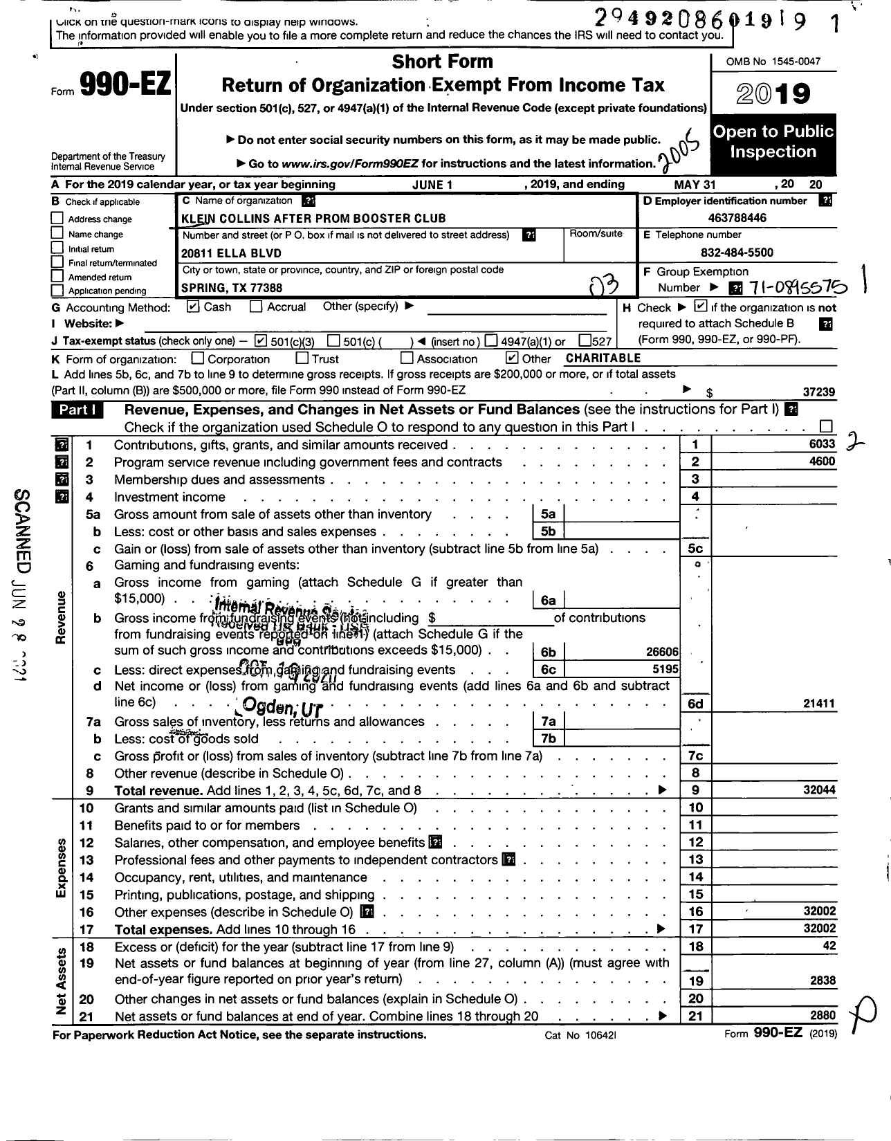 Image of first page of 2019 Form 990EZ for Klein Support Groups / Klein Collins After Prom Booster CL