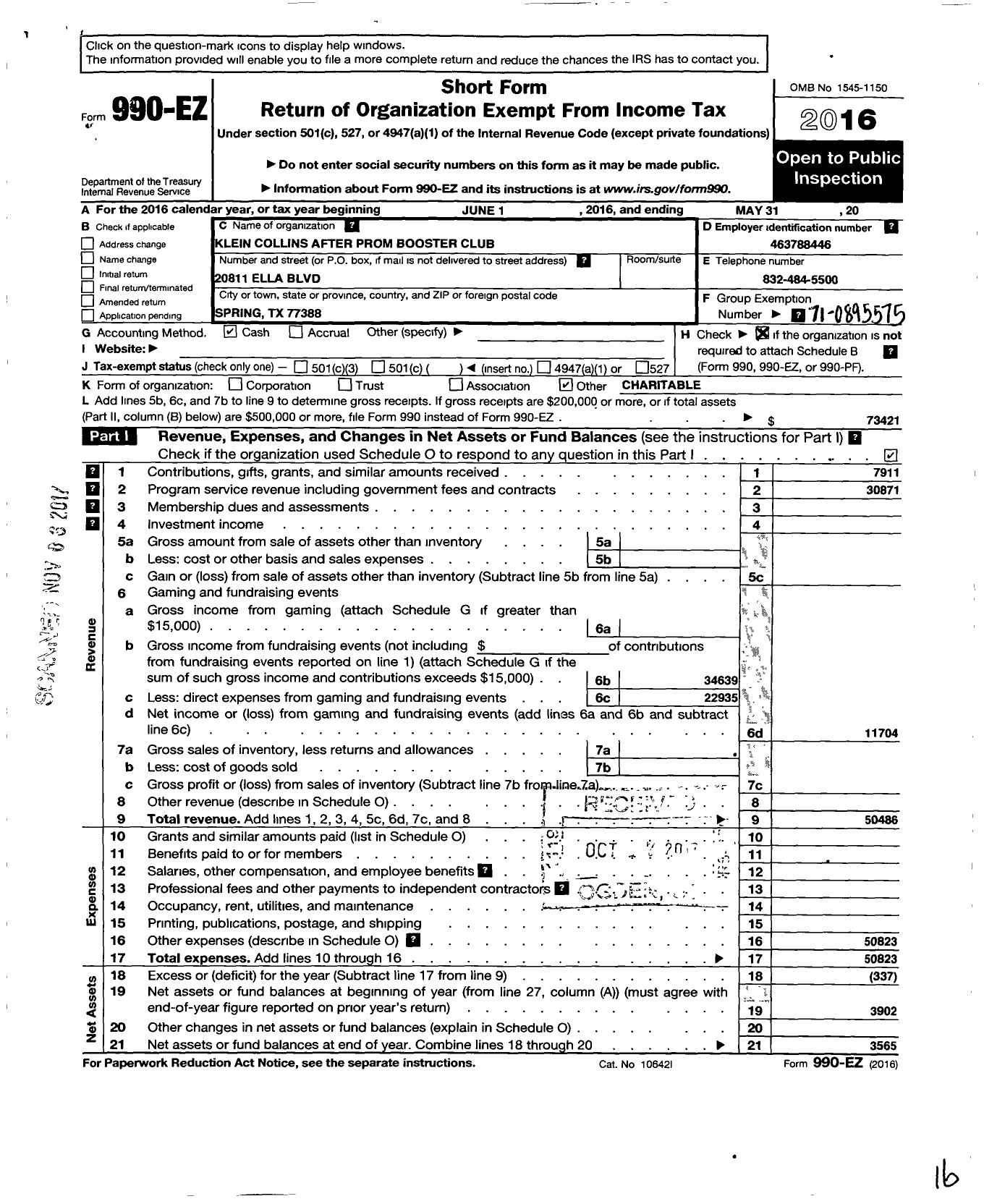 Image of first page of 2015 Form 990EO for Klein Support Groups / Klein Collins After Prom Booster CL