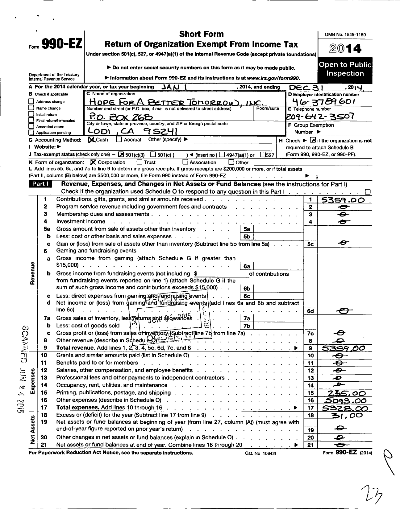 Image of first page of 2014 Form 990EZ for Hope for A Better Tomorrow