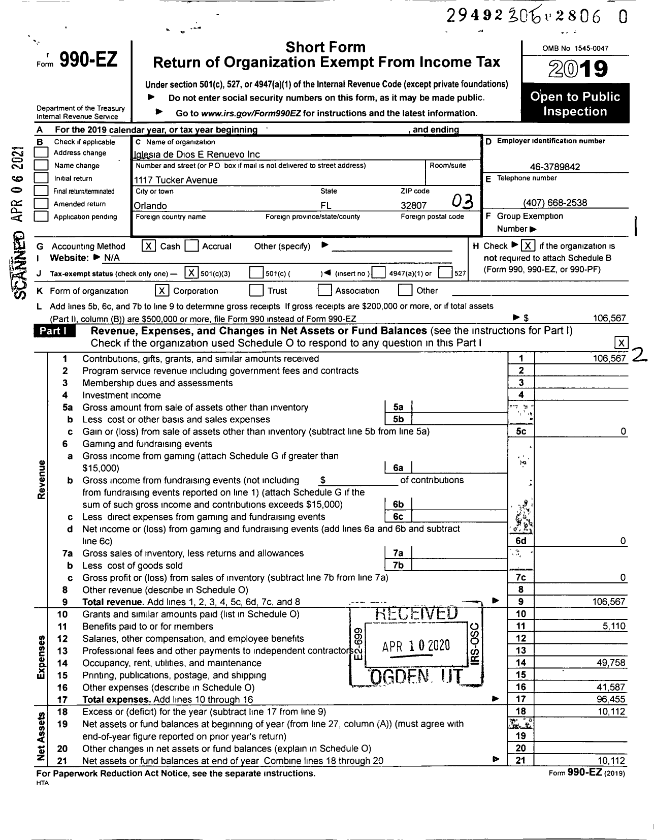 Image of first page of 2019 Form 990EZ for Iglesia de Dios El Renuevo