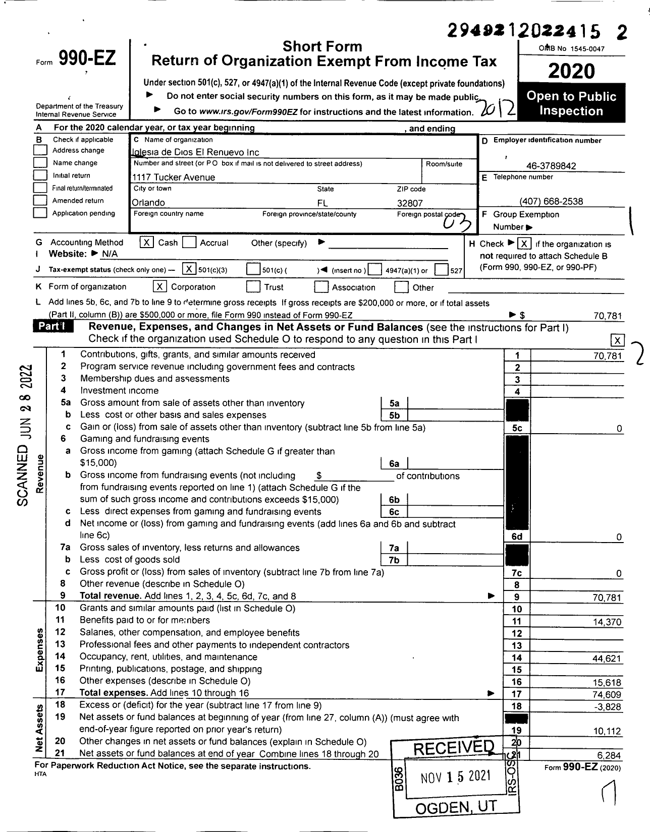 Image of first page of 2020 Form 990EZ for Iglesia de Dios El Renuevo