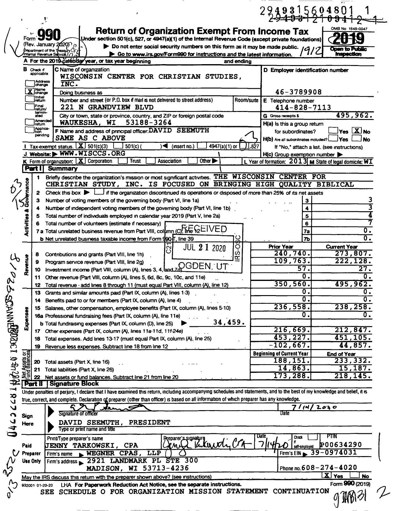 Image of first page of 2019 Form 990 for Wisconsin Center for Christian Studies