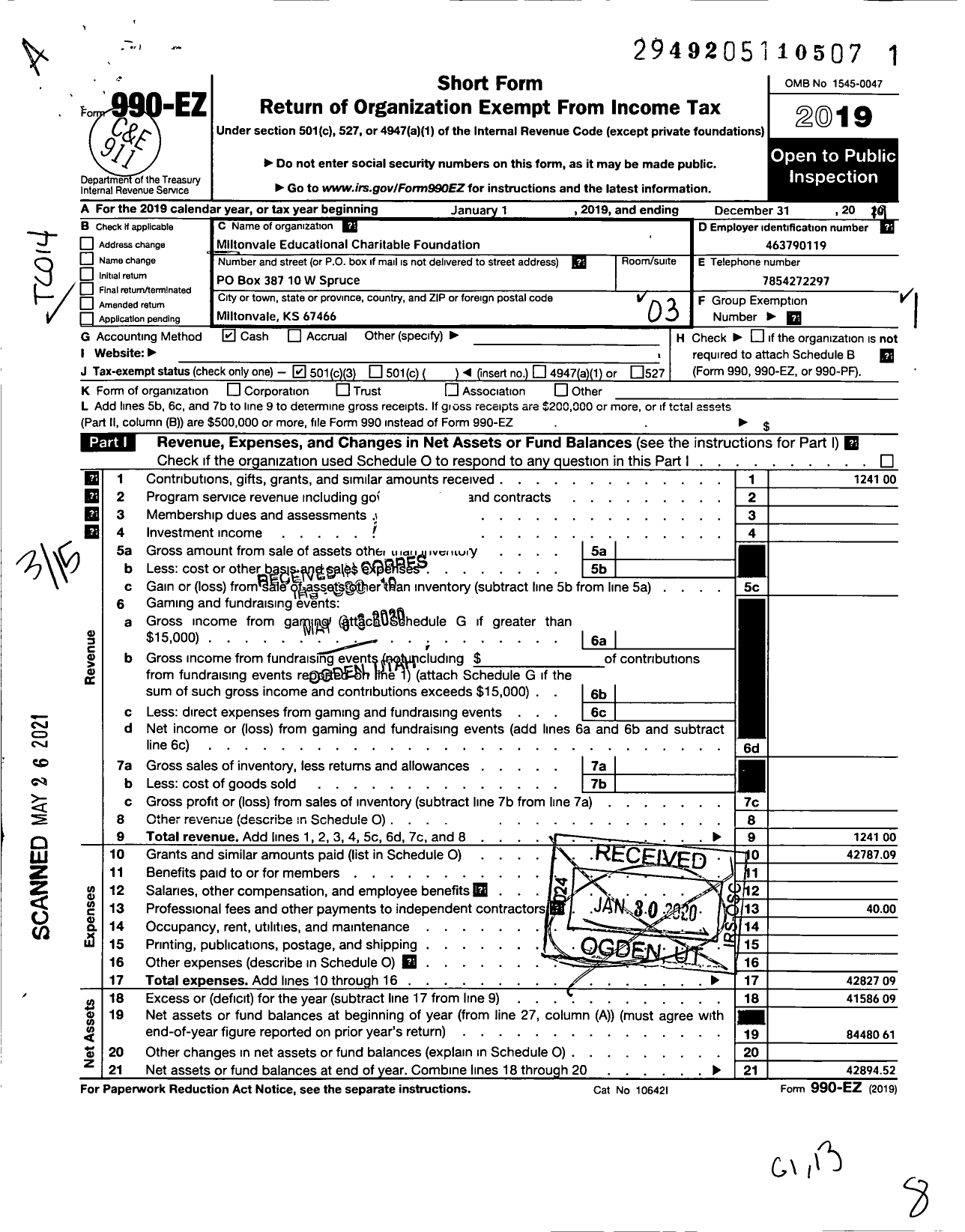 Image of first page of 2019 Form 990EZ for Miltonvale Educational and Charitable Foundation (MECF)