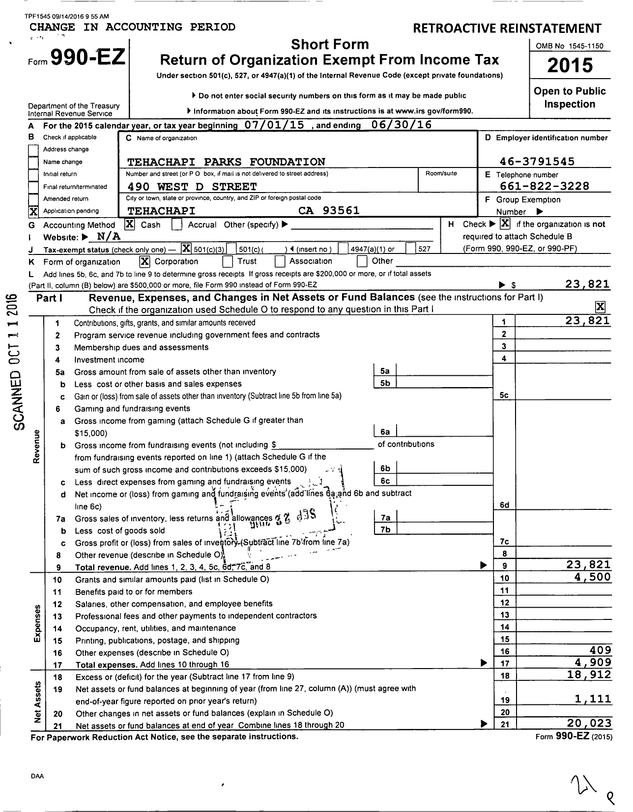 Image of first page of 2015 Form 990EZ for Tehachapi Parks Foundation