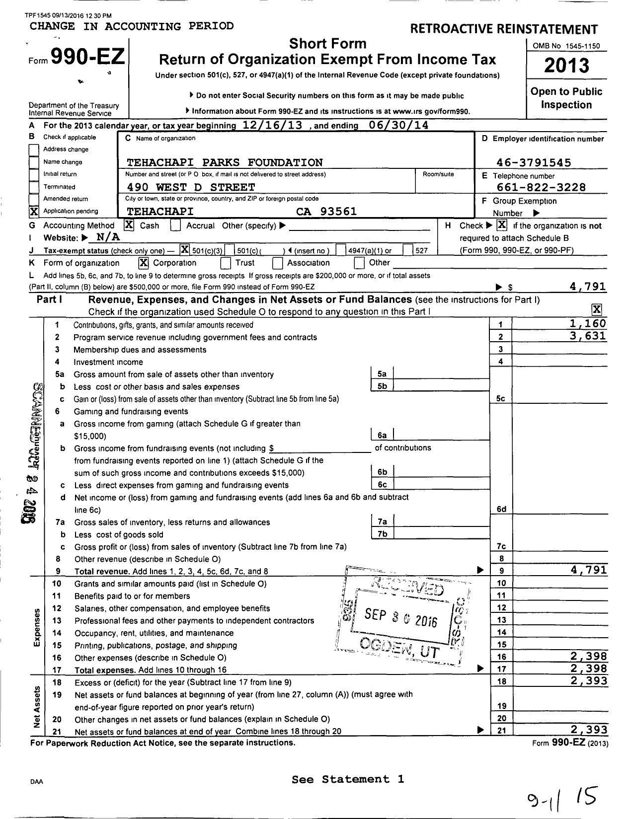 Image of first page of 2013 Form 990EZ for Tehachapi Parks Foundation