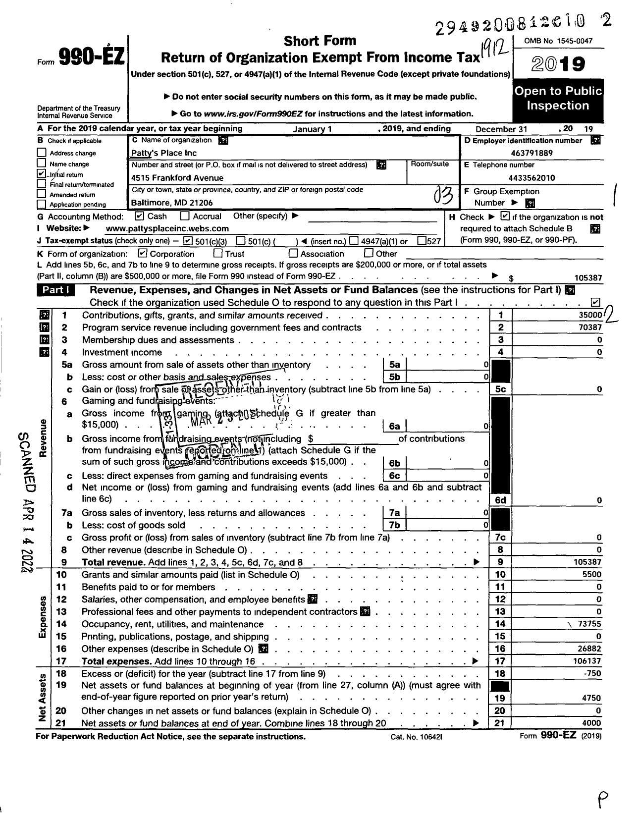 Image of first page of 2019 Form 990EZ for Pattys Place