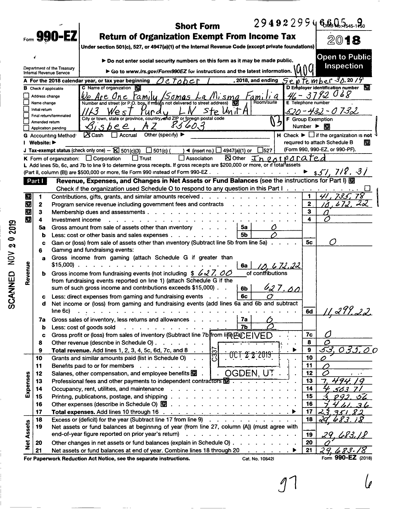 Image of first page of 2018 Form 990EZ for We Are One Family Immigration Project