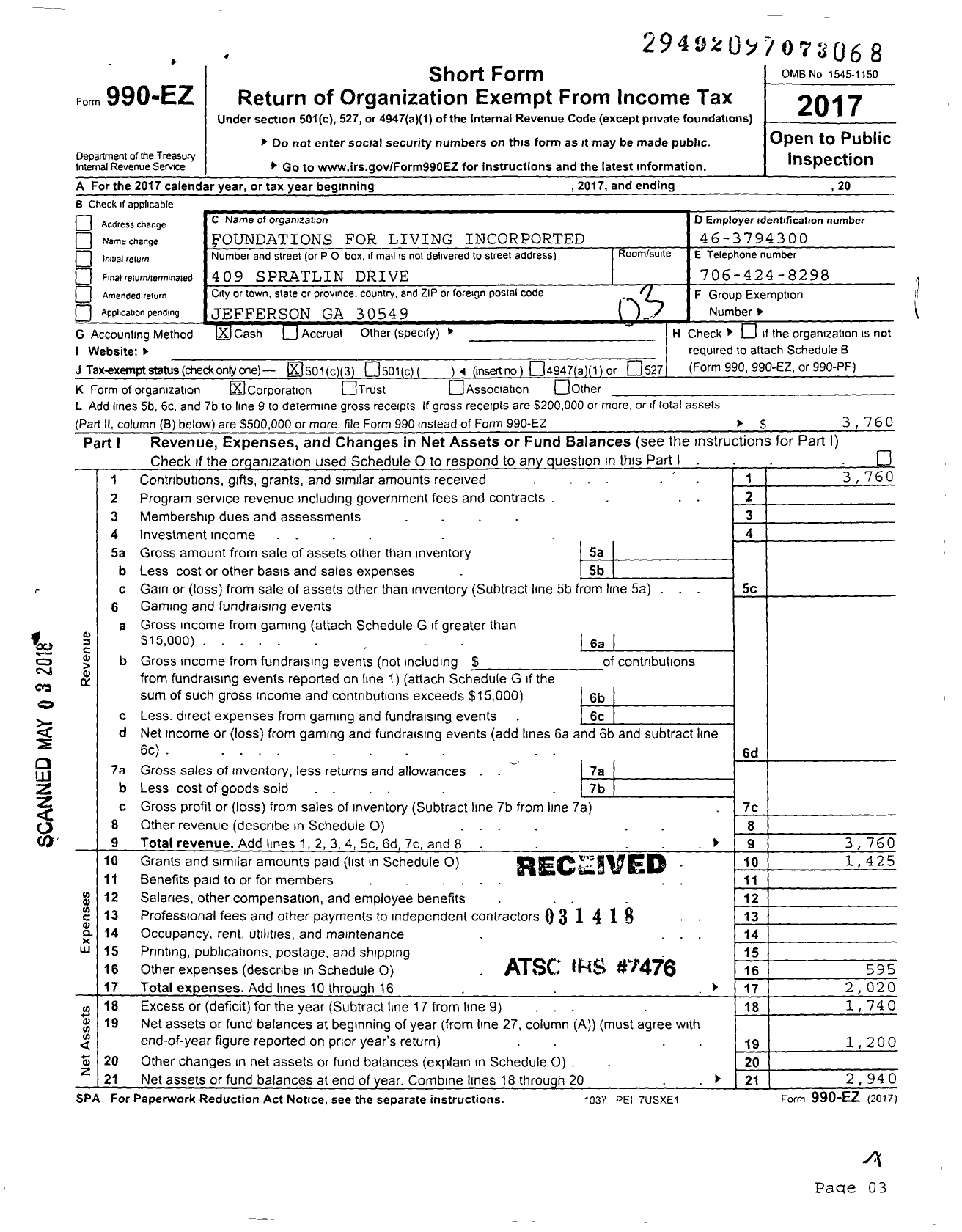 Image of first page of 2017 Form 990EZ for Foundations for Living Incorporated