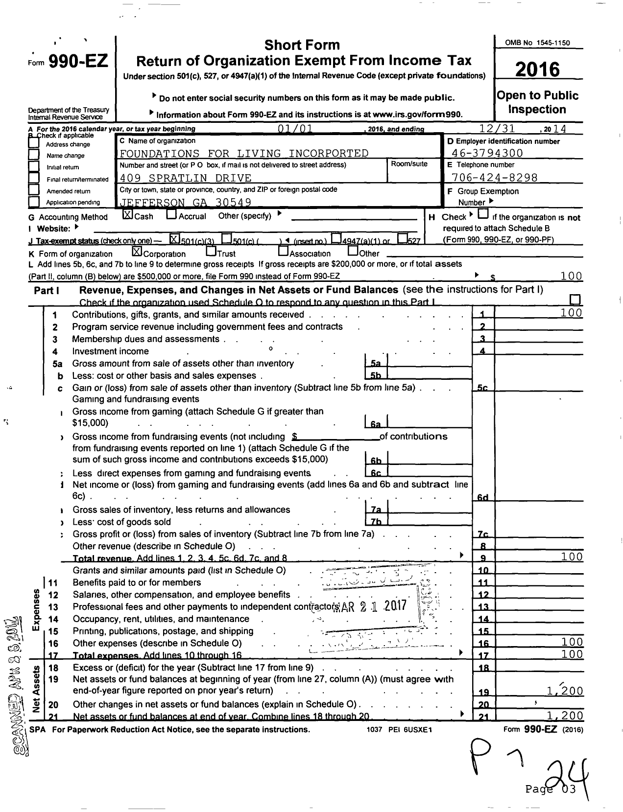 Image of first page of 2014 Form 990EZ for Foundations for Living Incorporated
