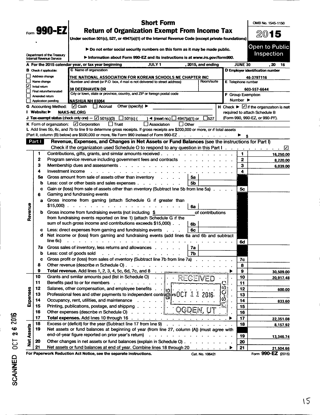 Image of first page of 2015 Form 990EZ for The National Association for Korean Schools New England Chapter