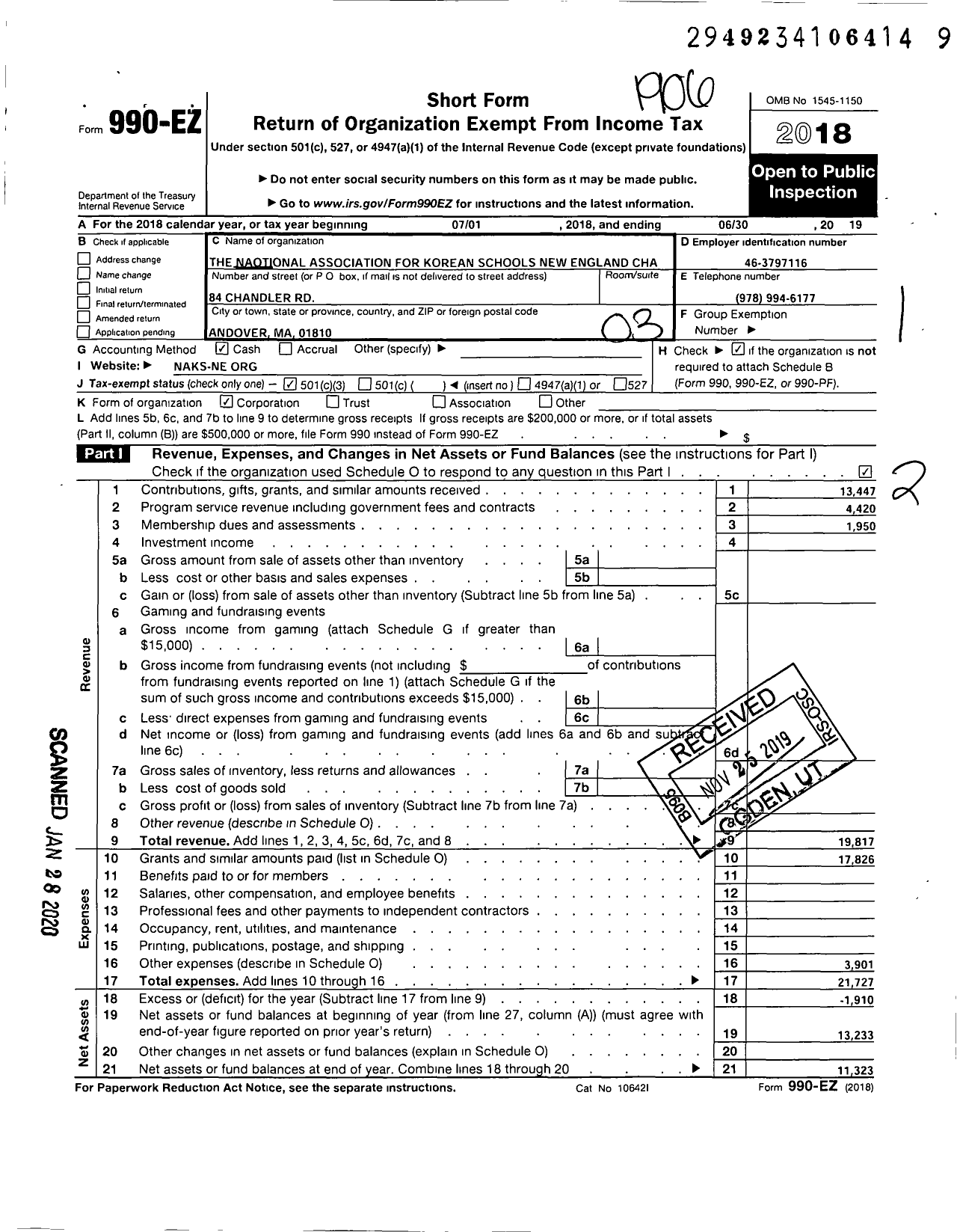 Image of first page of 2018 Form 990EZ for The National Association for Korean Schools New England Chapter