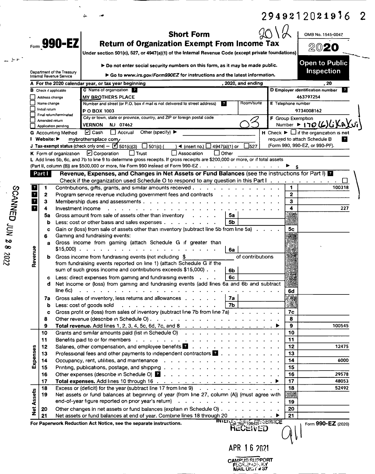 Image of first page of 2020 Form 990EZ for My Brothers Place A NJ Nonprofit Corporation