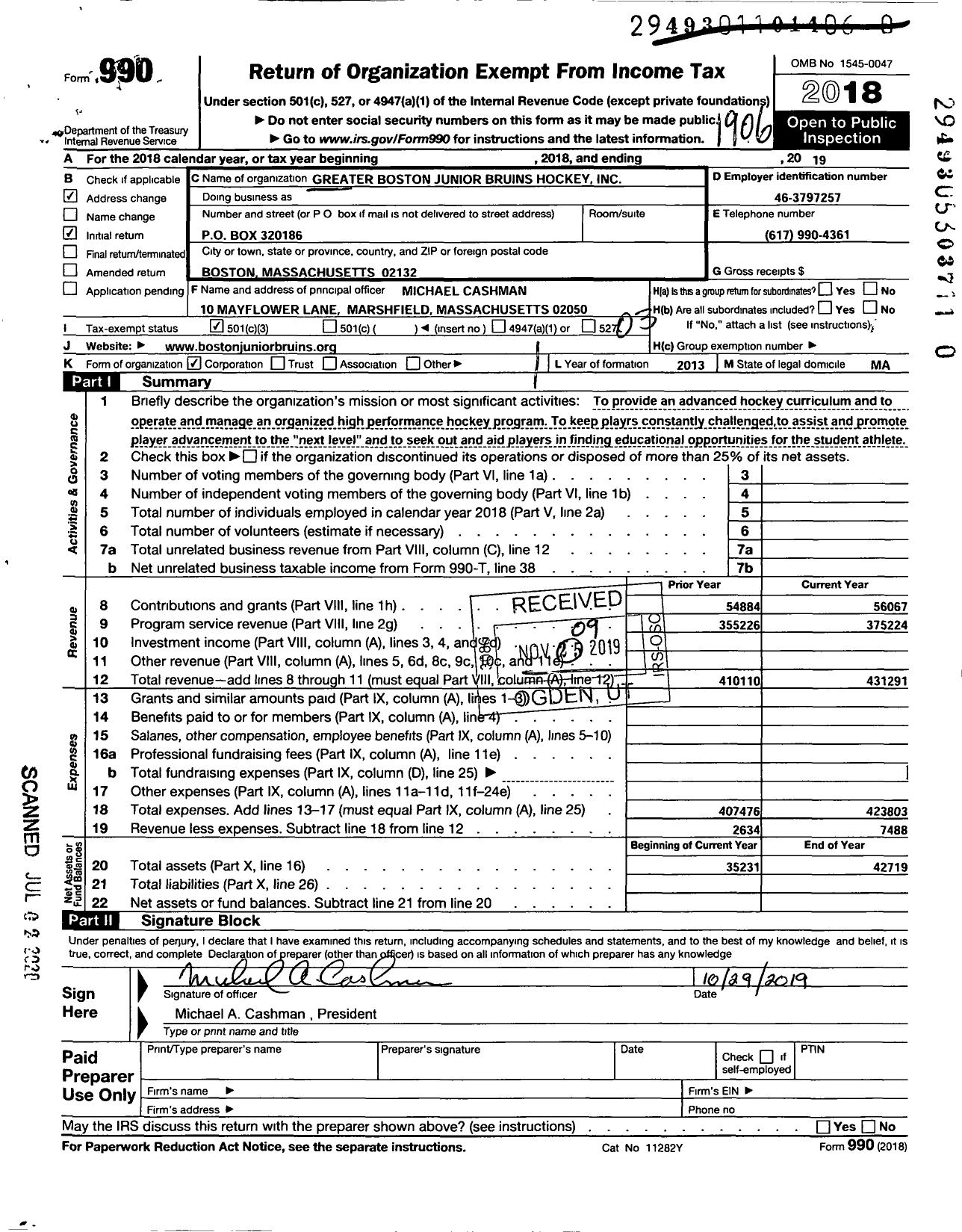 Image of first page of 2018 Form 990 for Greater Boston Junior Bruins Youth Hockey