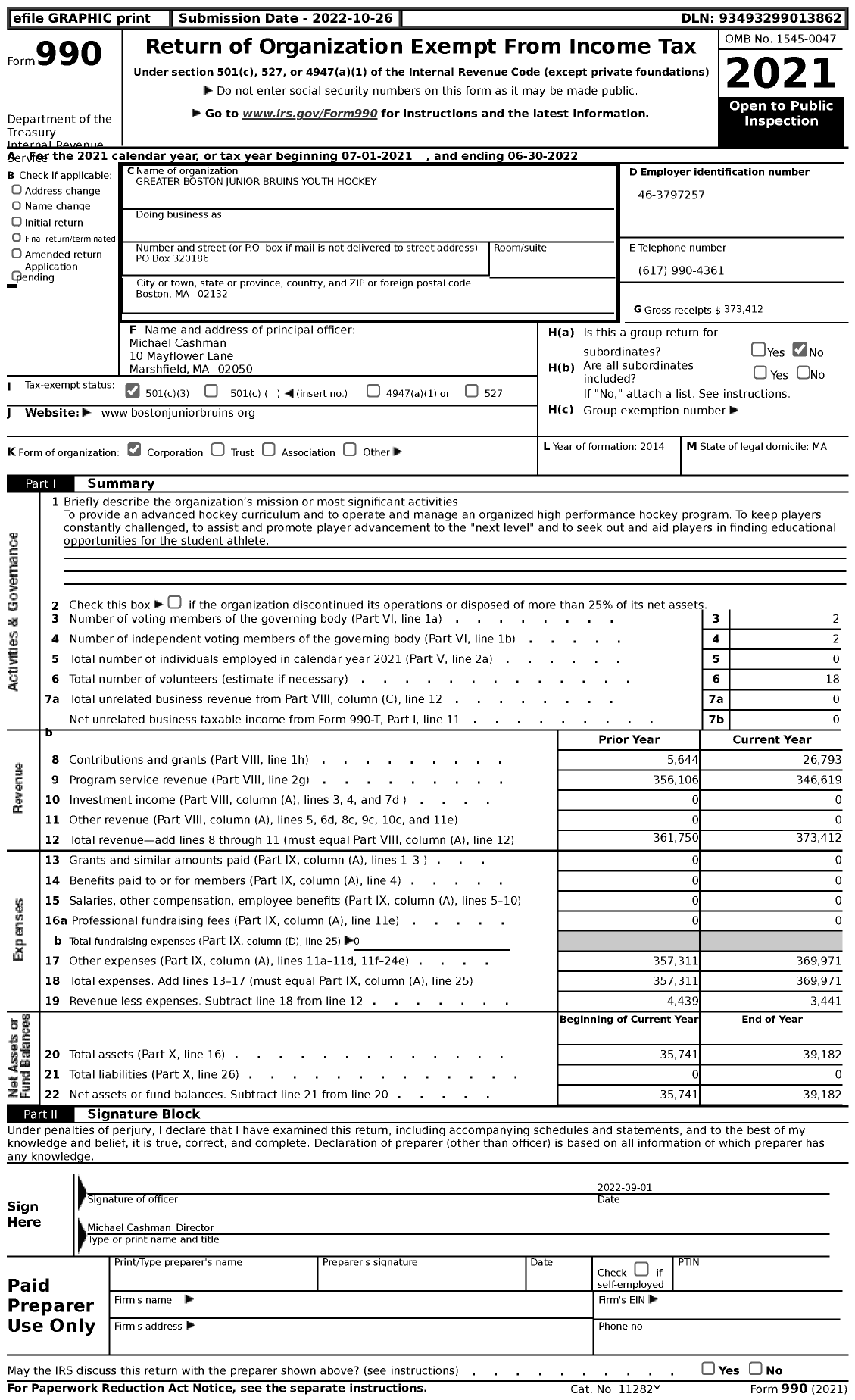Image of first page of 2021 Form 990 for Greater Boston Junior Bruins Youth Hockey