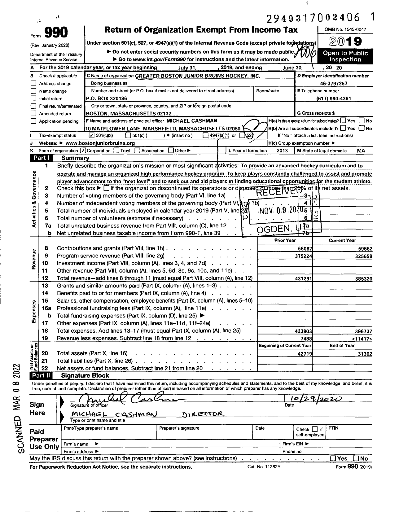 Image of first page of 2019 Form 990 for Greater Boston Junior Bruins Youth Hockey