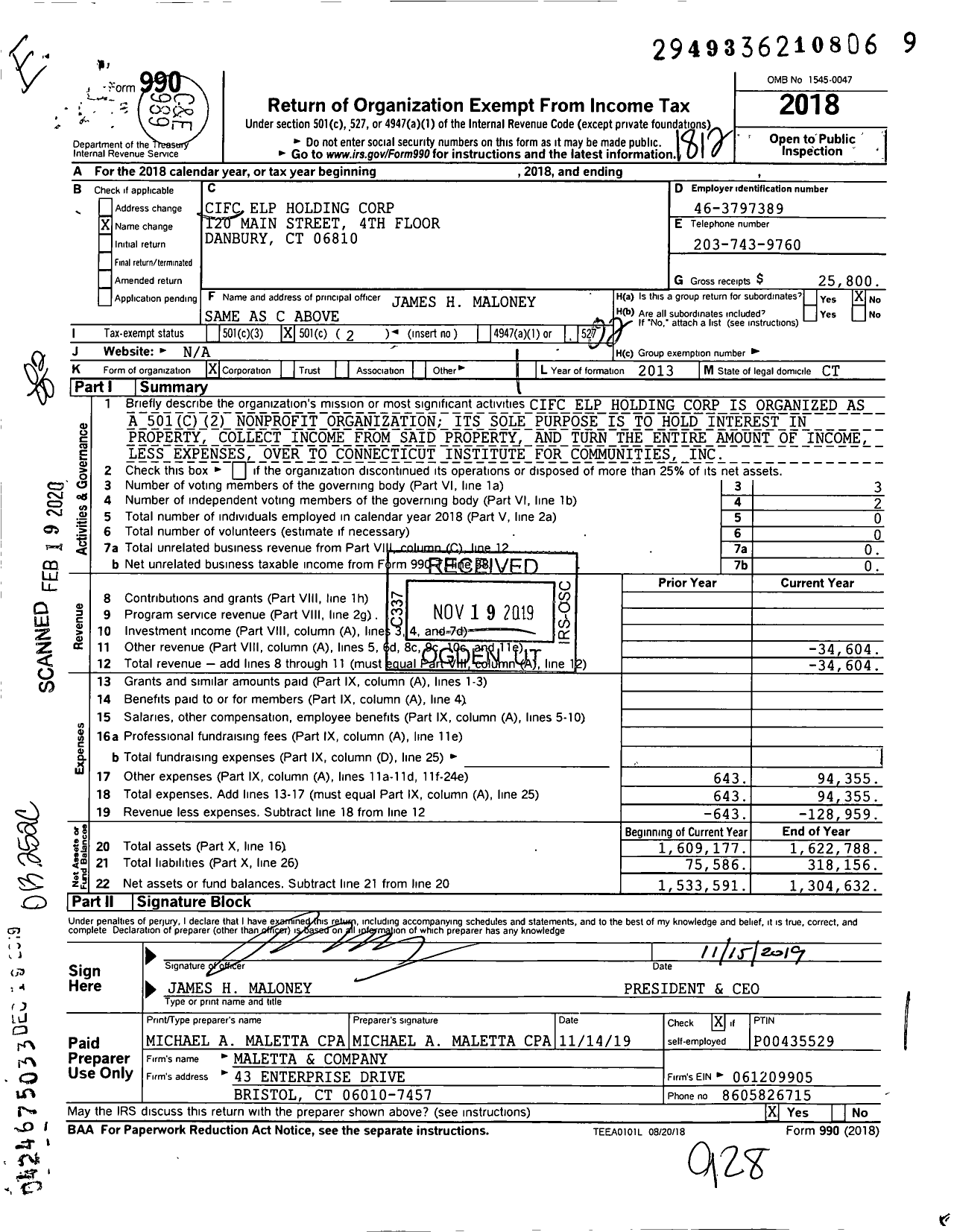 Image of first page of 2018 Form 990O for Cifc Elp Holding Corporation