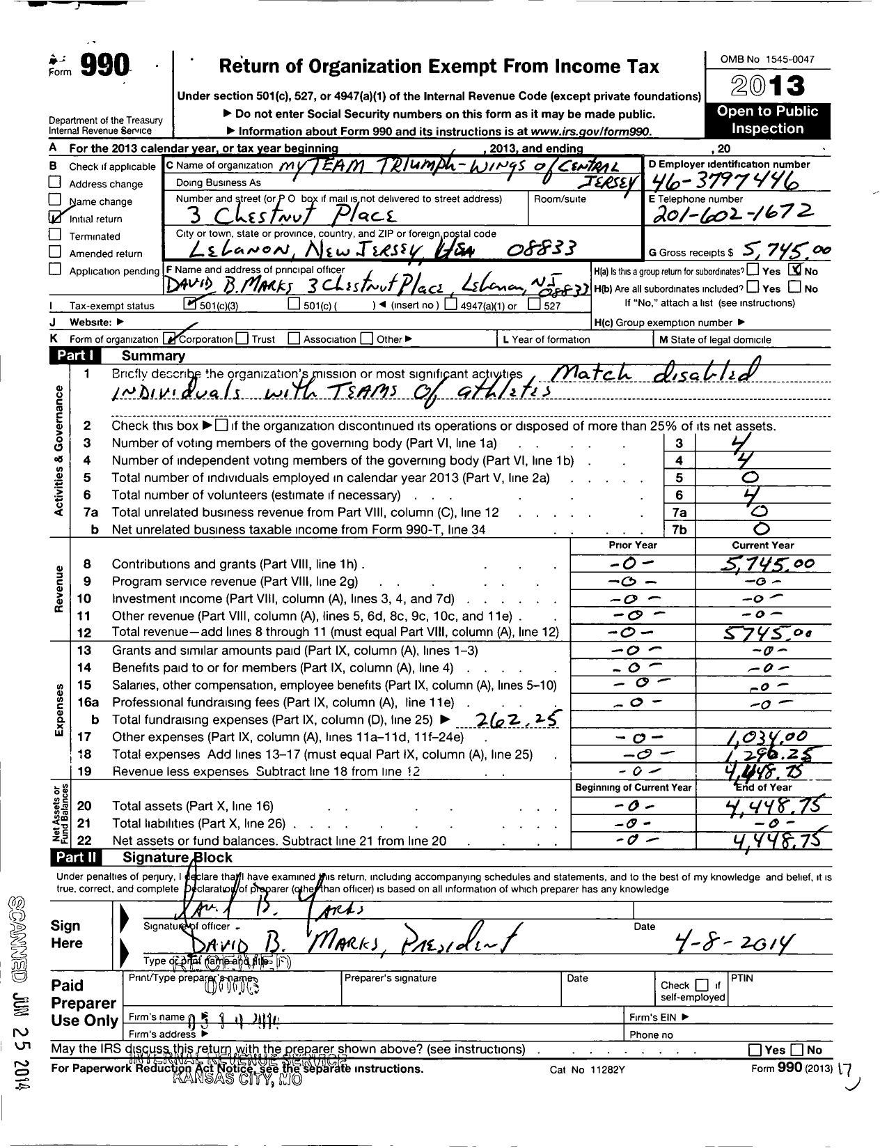 Image of first page of 2013 Form 990 for Myteam Triumph / Wings of Central Jersey