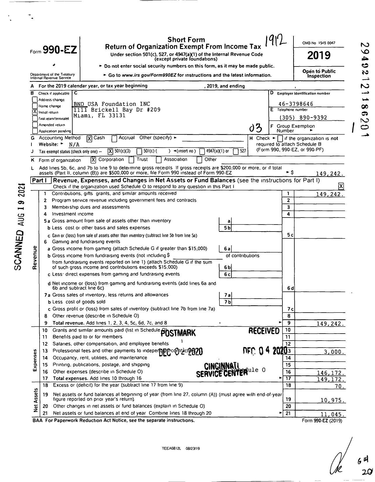Image of first page of 2019 Form 990EZ for BND USA Foundation