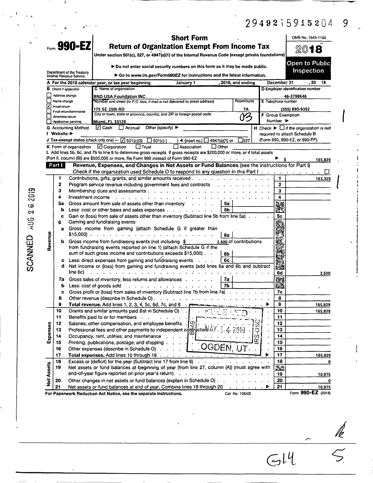 Image of first page of 2018 Form 990EZ for BND USA Foundation
