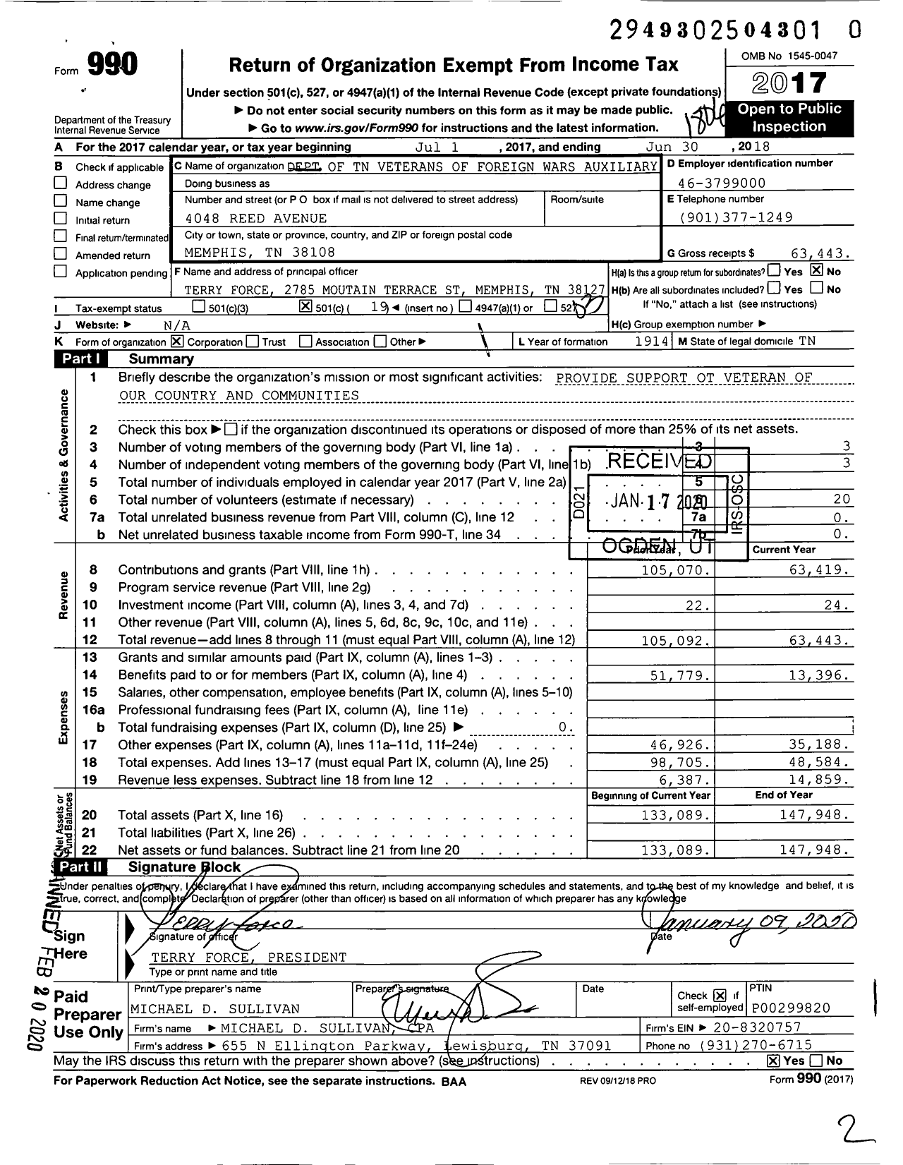 Image of first page of 2017 Form 990 for VFW Auxiliary Department TN