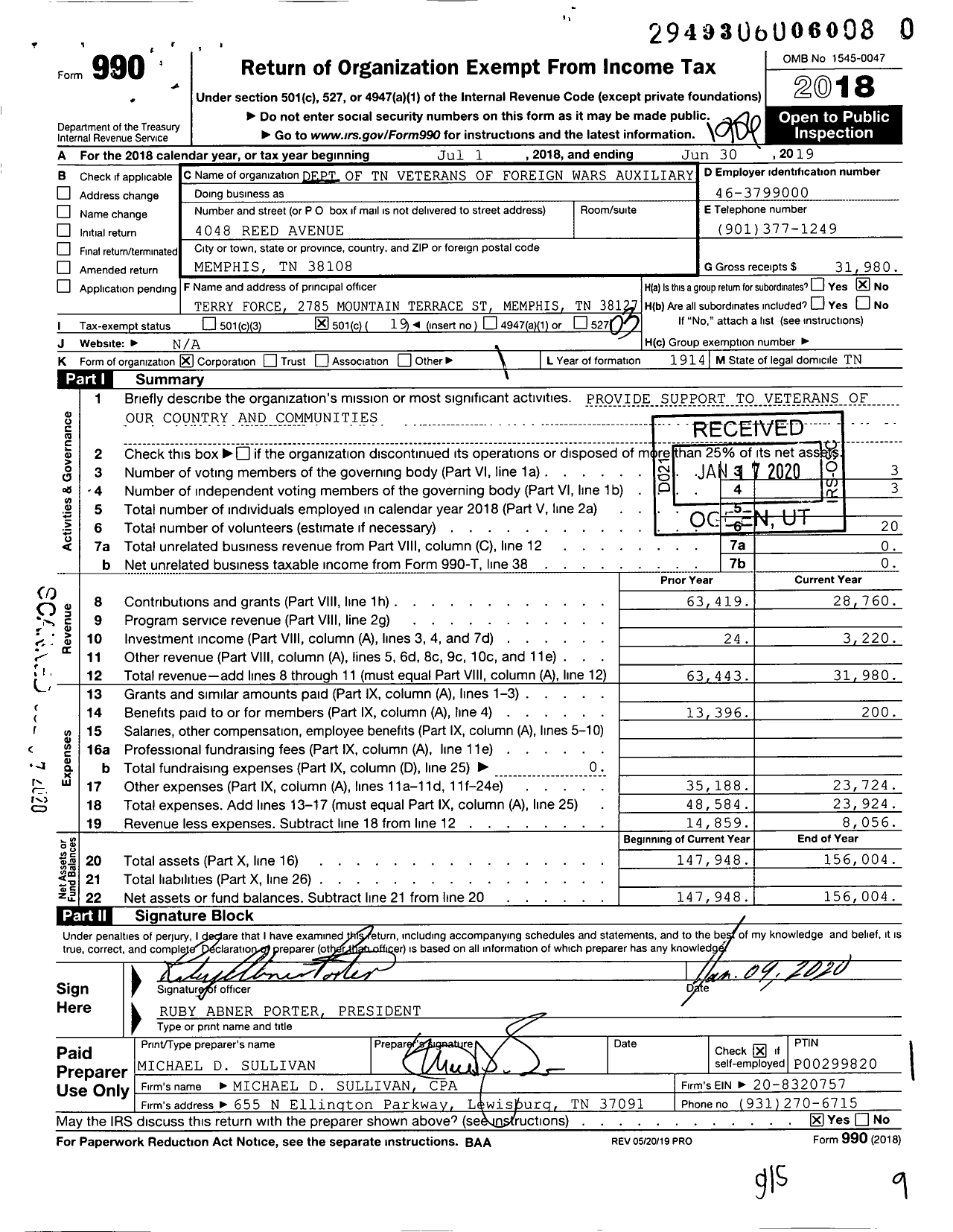 Image of first page of 2018 Form 990 for VFW Auxiliary Department TN