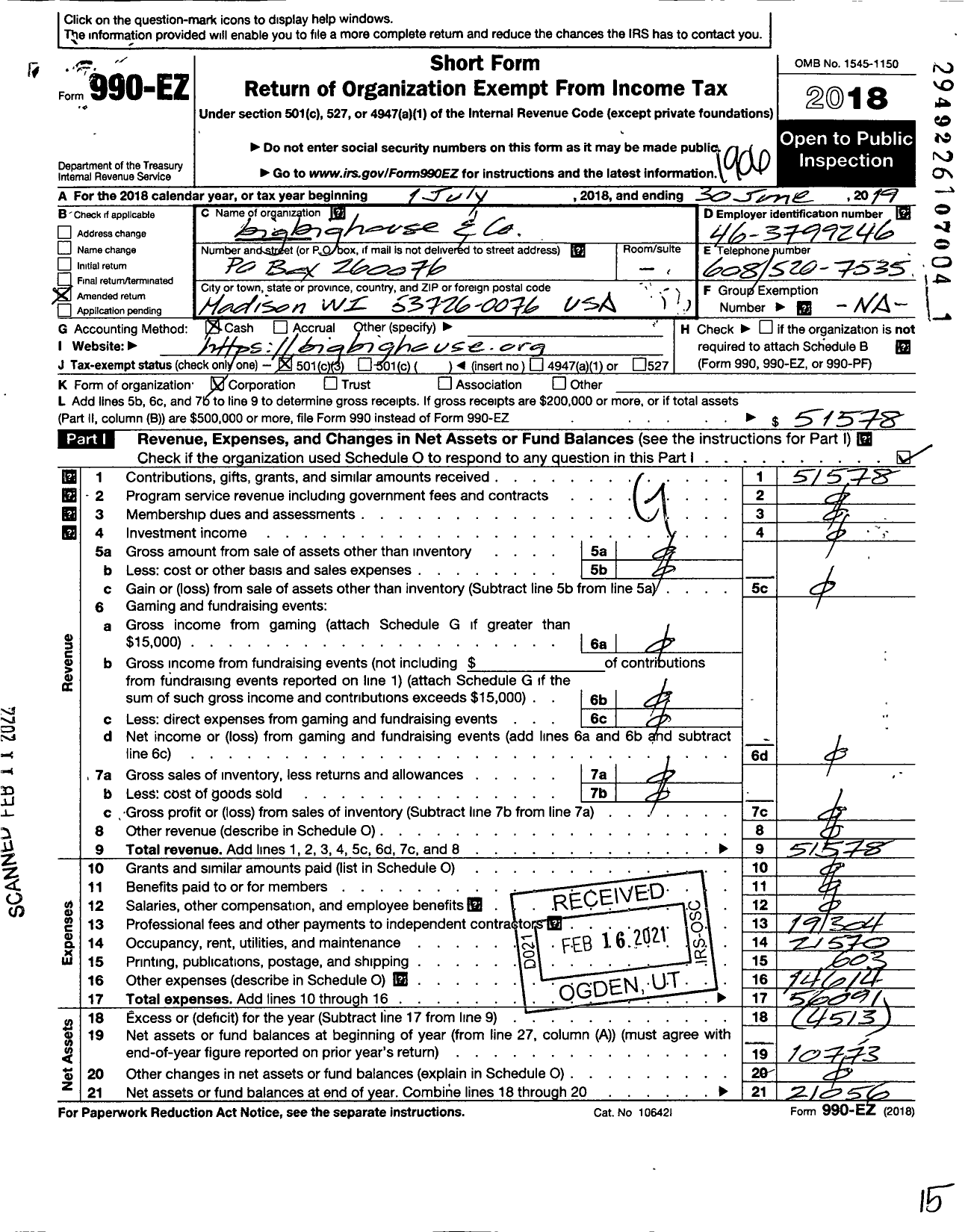 Image of first page of 2018 Form 990EZ for Bigbighouse